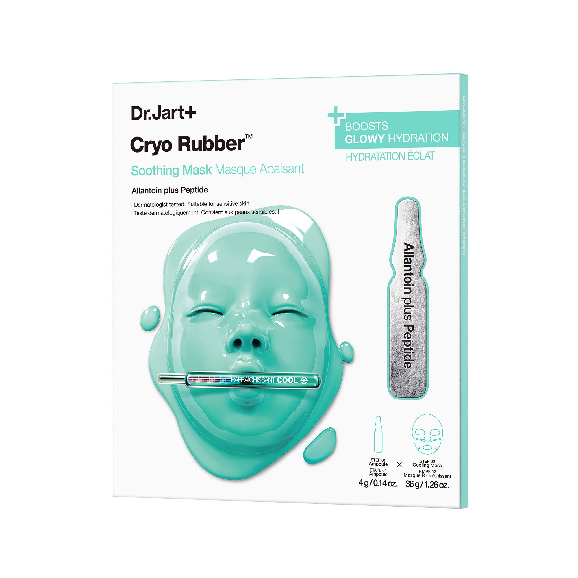Verpackung mit Maske und Ampulle. Maske in Gesichtsform, hellgrün. Ampulle mit Text. Marke: Dr.Jart+ Cryo Rubber™.