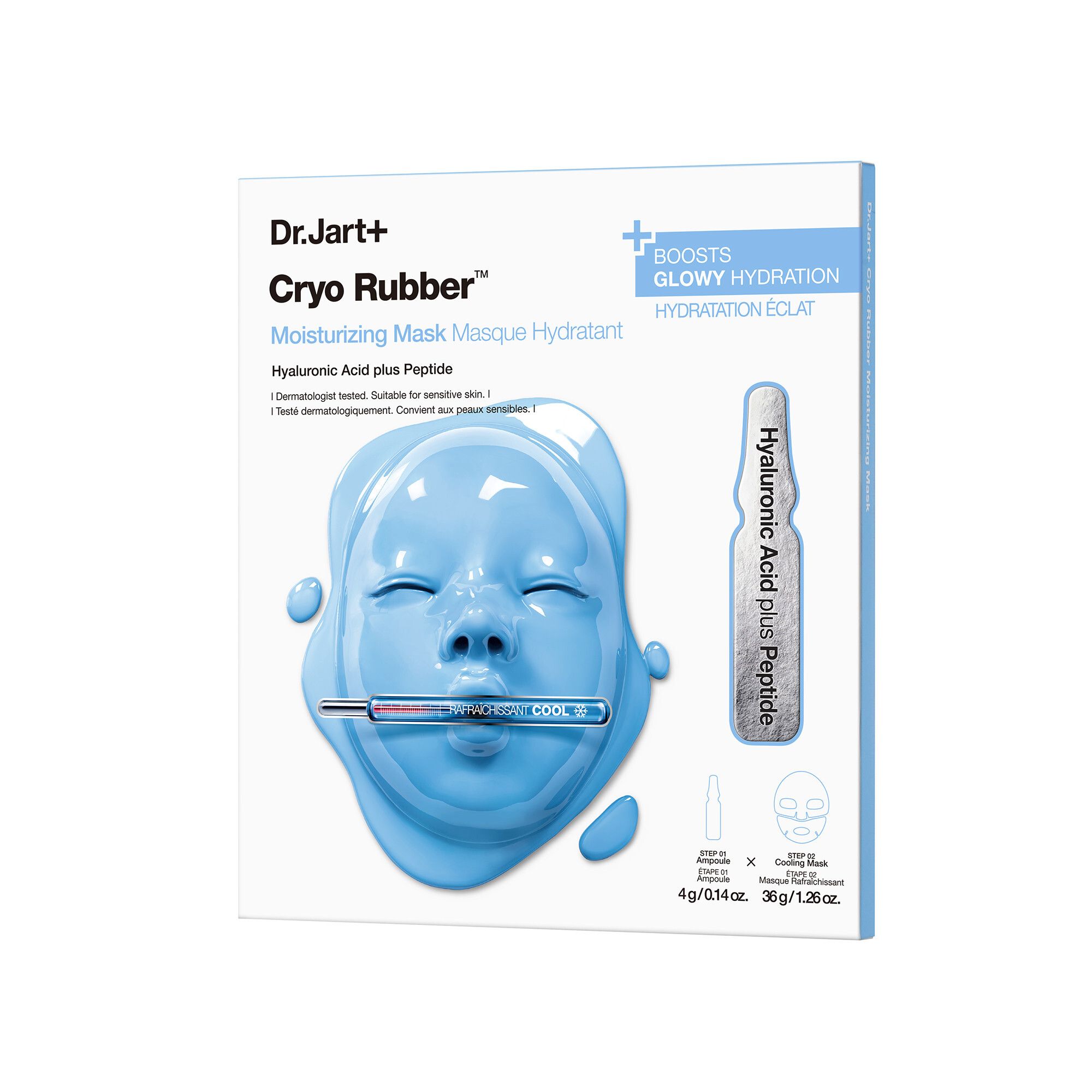 Verpackung von Dr.Jart+ Cryo Rubber™ Moisturizing Mask. Enthält Maske und Ampulle. Blaue Maske und Ampulle auf weißem Hintergrund.