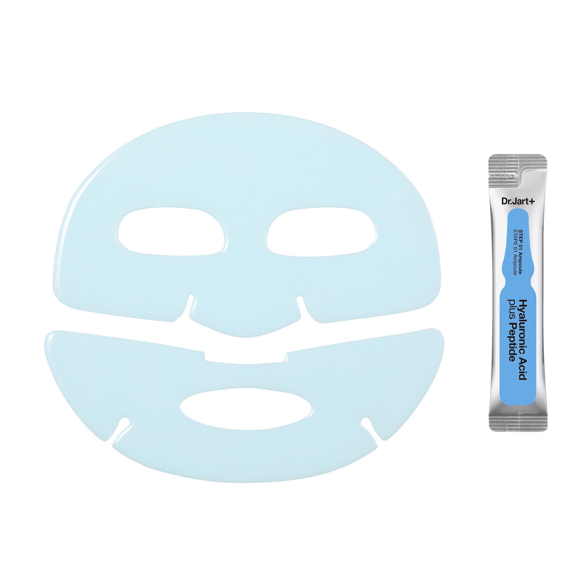 Hellblaue Gesichtsmaske und Ampulle. Maske mit Augen- und Mundöffnungen. Ampulle mit Text: « Hyaluronic Acid plus Peptide ».