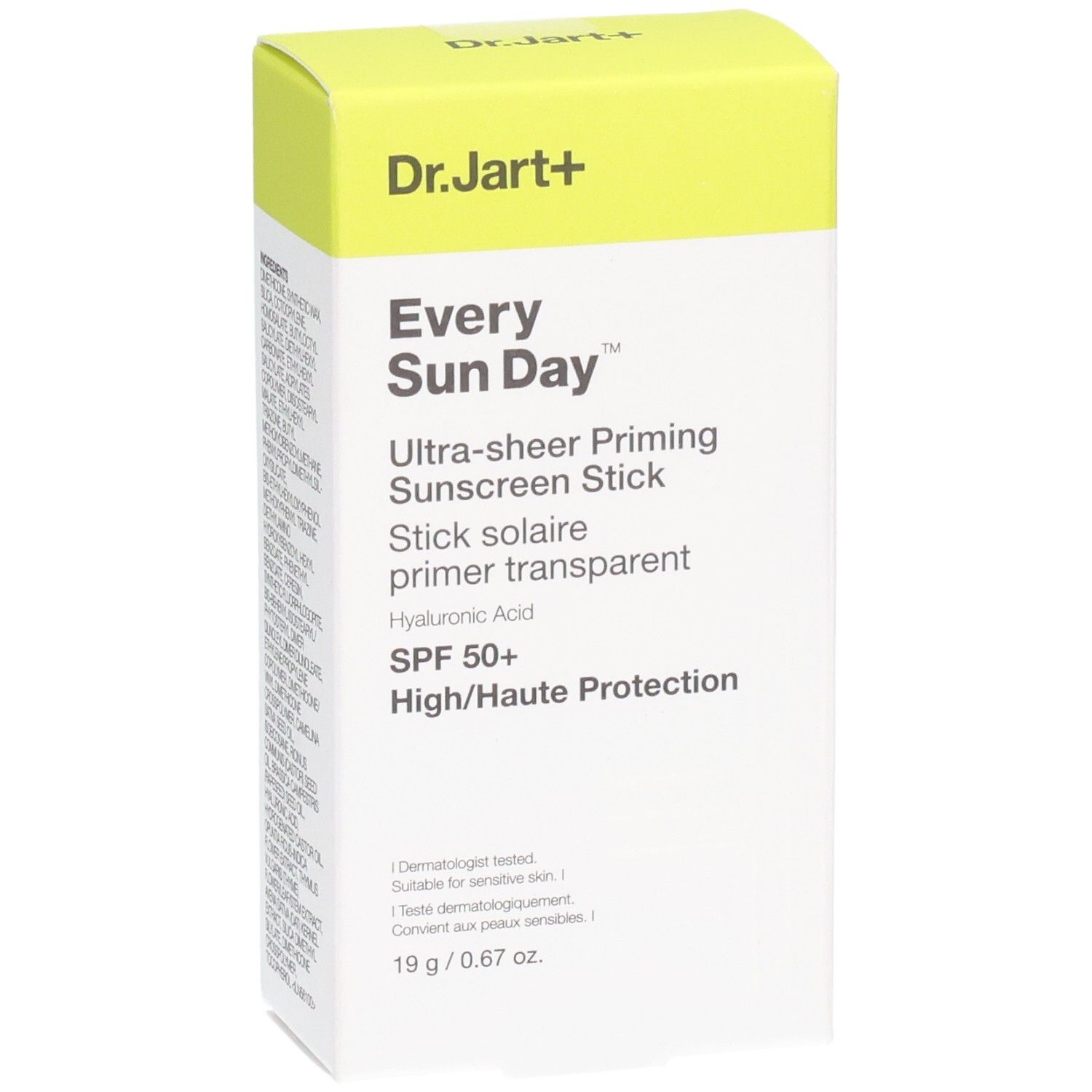 Sonnenschutz-Stick-Verpackung. Aufschrift: Dr. Jart+, Every Sun Day, SPF 50+, 19 g.