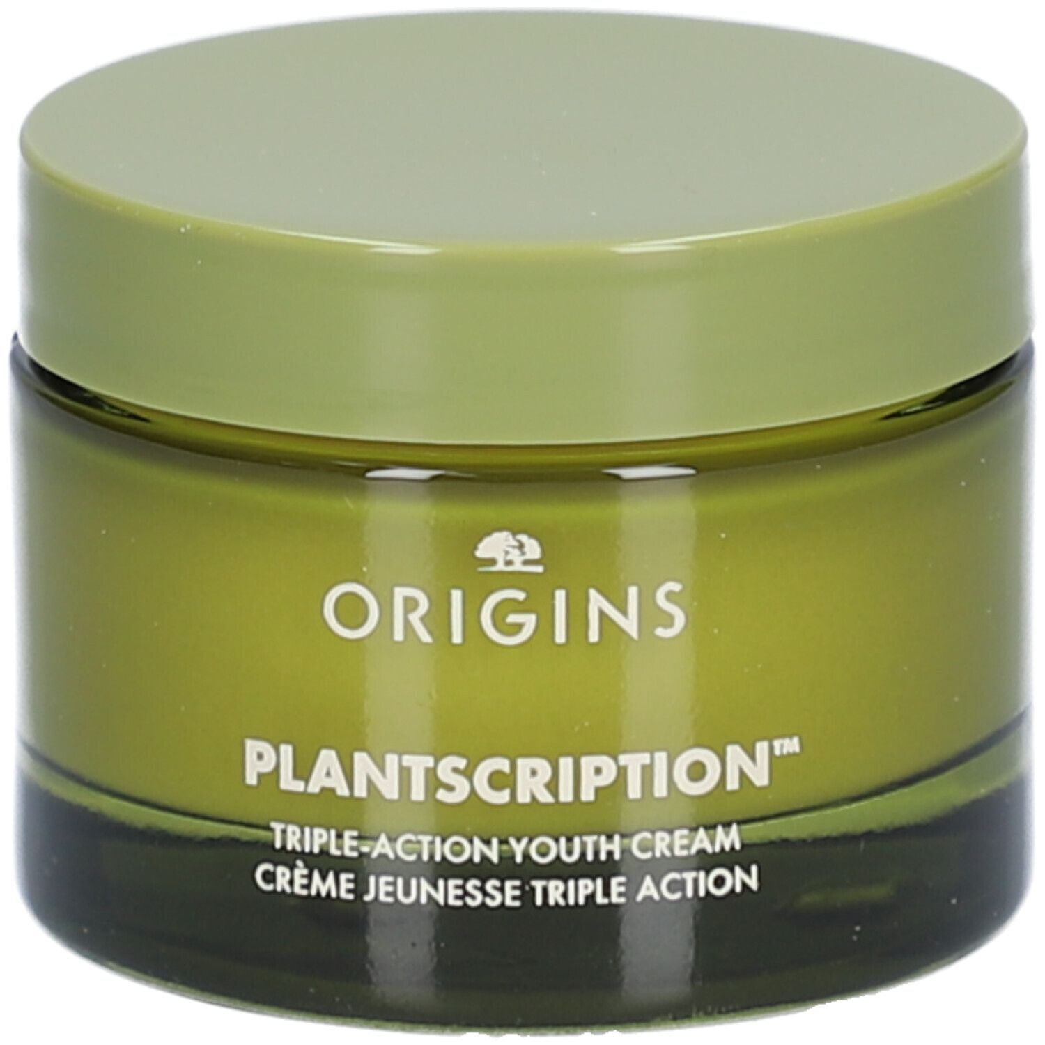 Grünes Cremetiegel mit Deckel. Aufschrift: ORIGINS, PLANTSCRIPTION™ Triple-Action Youth Cream.