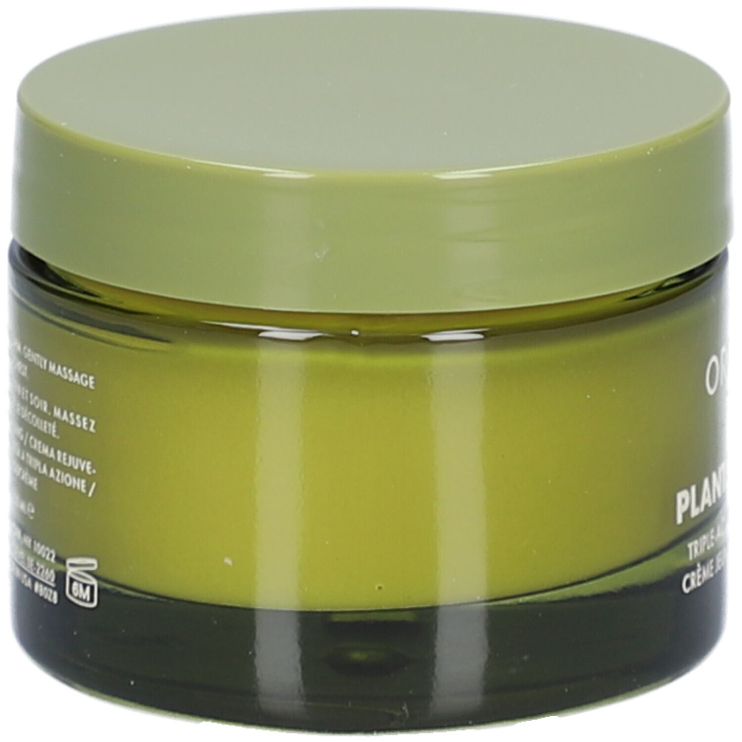 Grünes Cremetiegel mit Deckel. Aufschrift: ORIGINS, PLANTSCRIPTION™ Triple-Action Youth Cream.