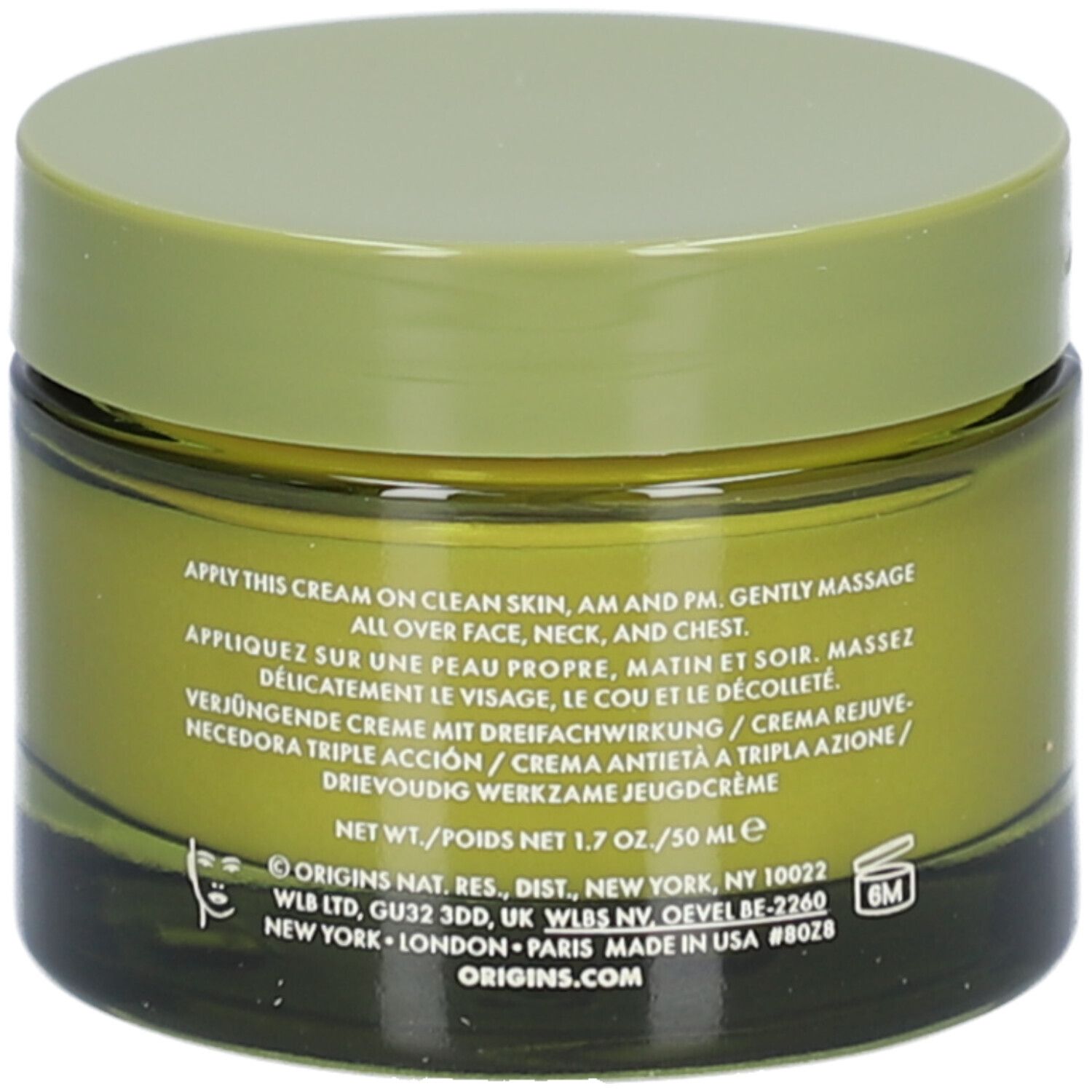 Grünes Cremetiegel mit Deckel. Aufschrift: ORIGINS, PLANTSCRIPTION™ Triple-Action Youth Cream. Text.