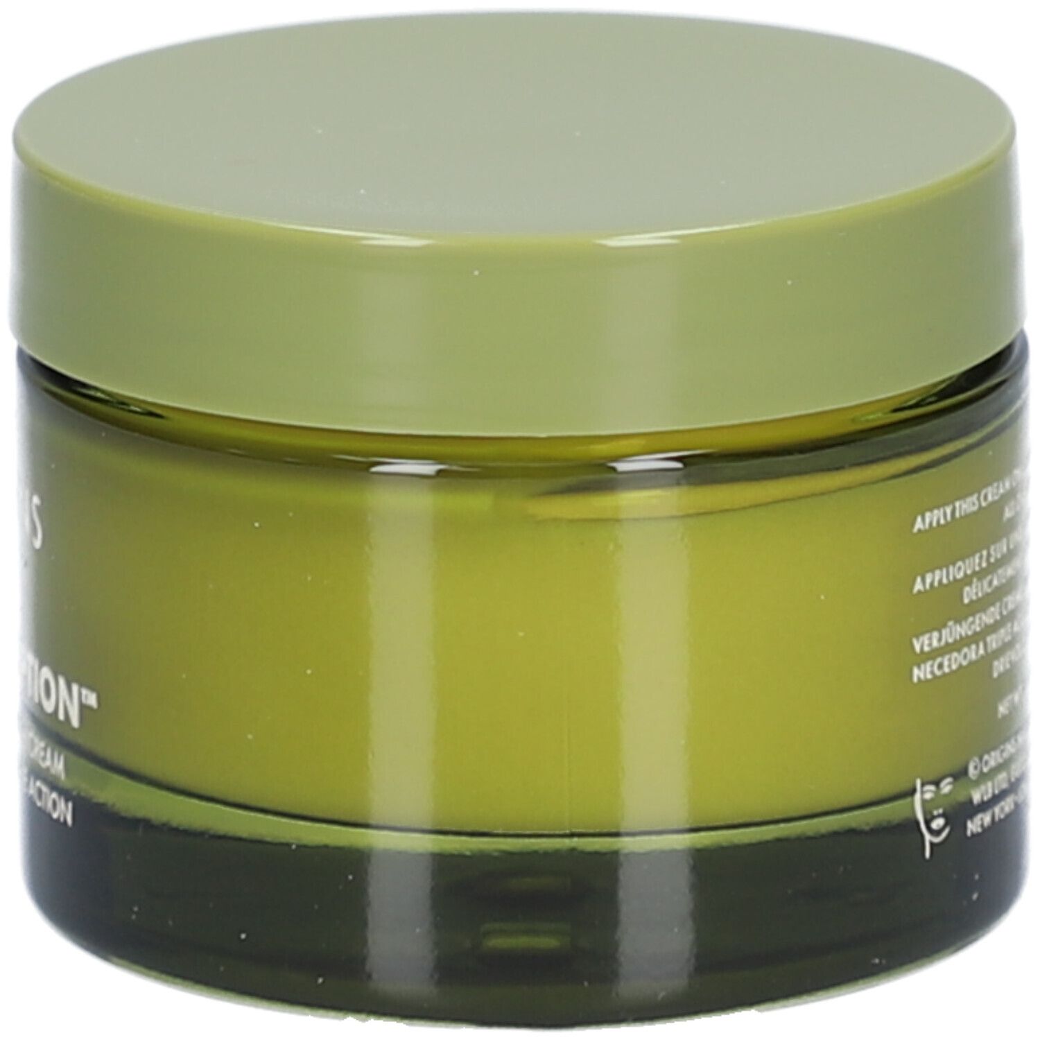 Grünes Cremetiegel mit Deckel. Aufschrift: ORIGINS, PLANTSCRIPTION™ Triple-Action Youth Cream.