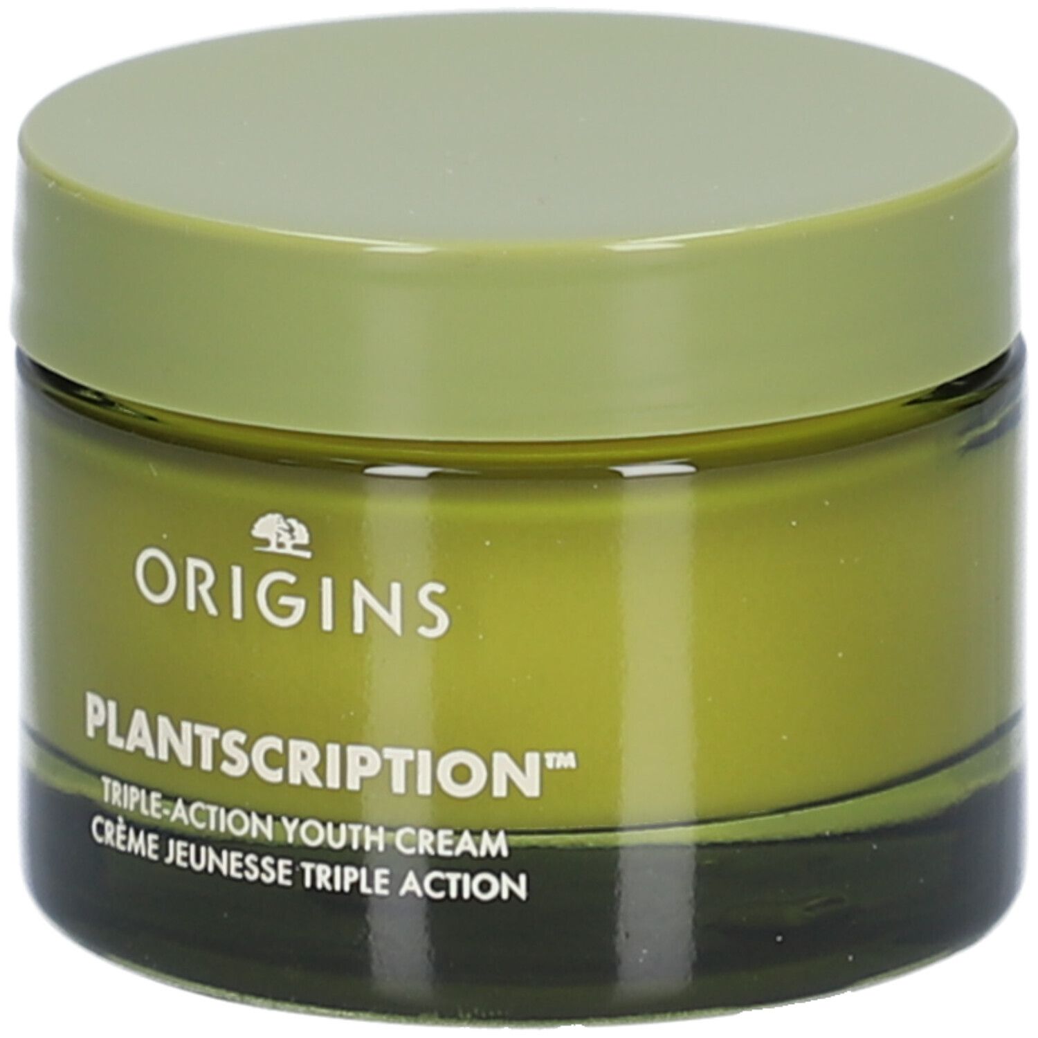 Grünes Cremetiegel mit Deckel. Aufschrift: ORIGINS, PLANTSCRIPTION™ Triple-Action Youth Cream.