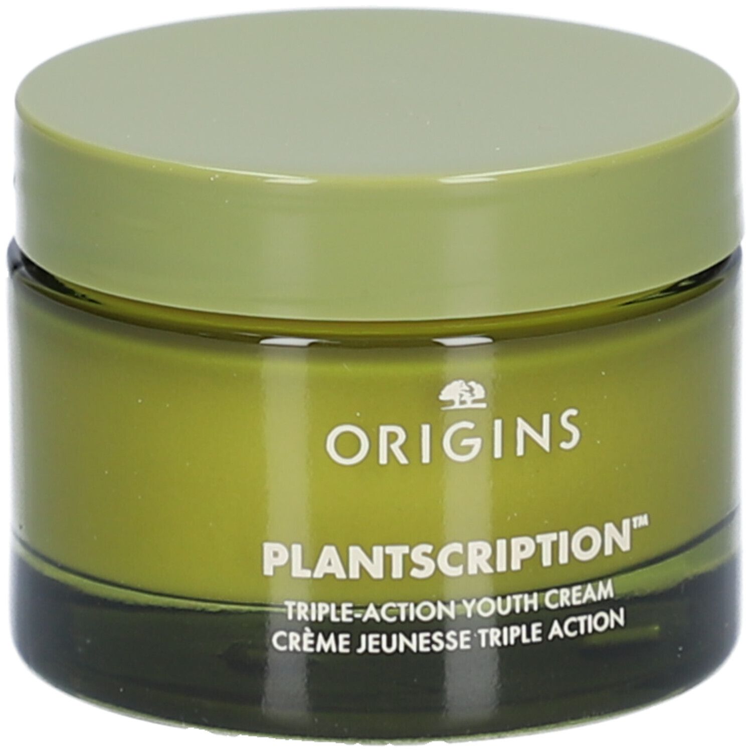 Grünes Cremetiegel mit Deckel. Aufschrift: ORIGINS, PLANTSCRIPTION™ Triple-Action Youth Cream.