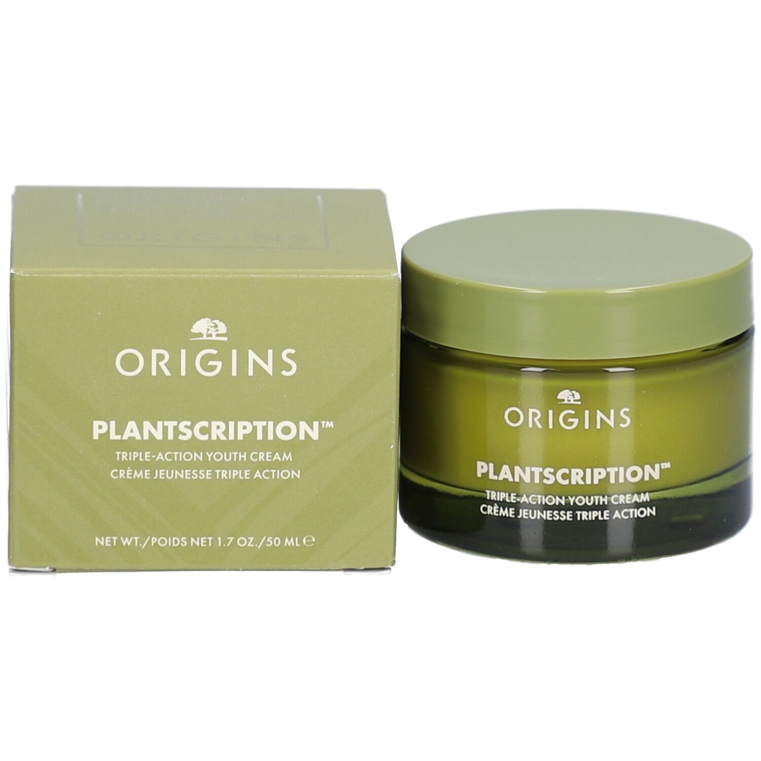 Grünes Cremetiegel und Schachtel. Aufschrift: ORIGINS, PLANTSCRIPTION™ Triple-Action Youth Cream.