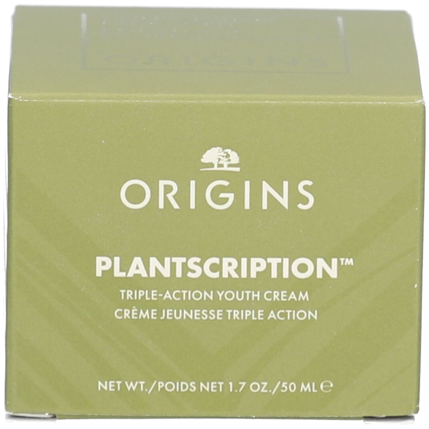 Grüne Schachtel. Aufschrift: ORIGINS, PLANTSCRIPTION™ Triple-Action Youth Cream.