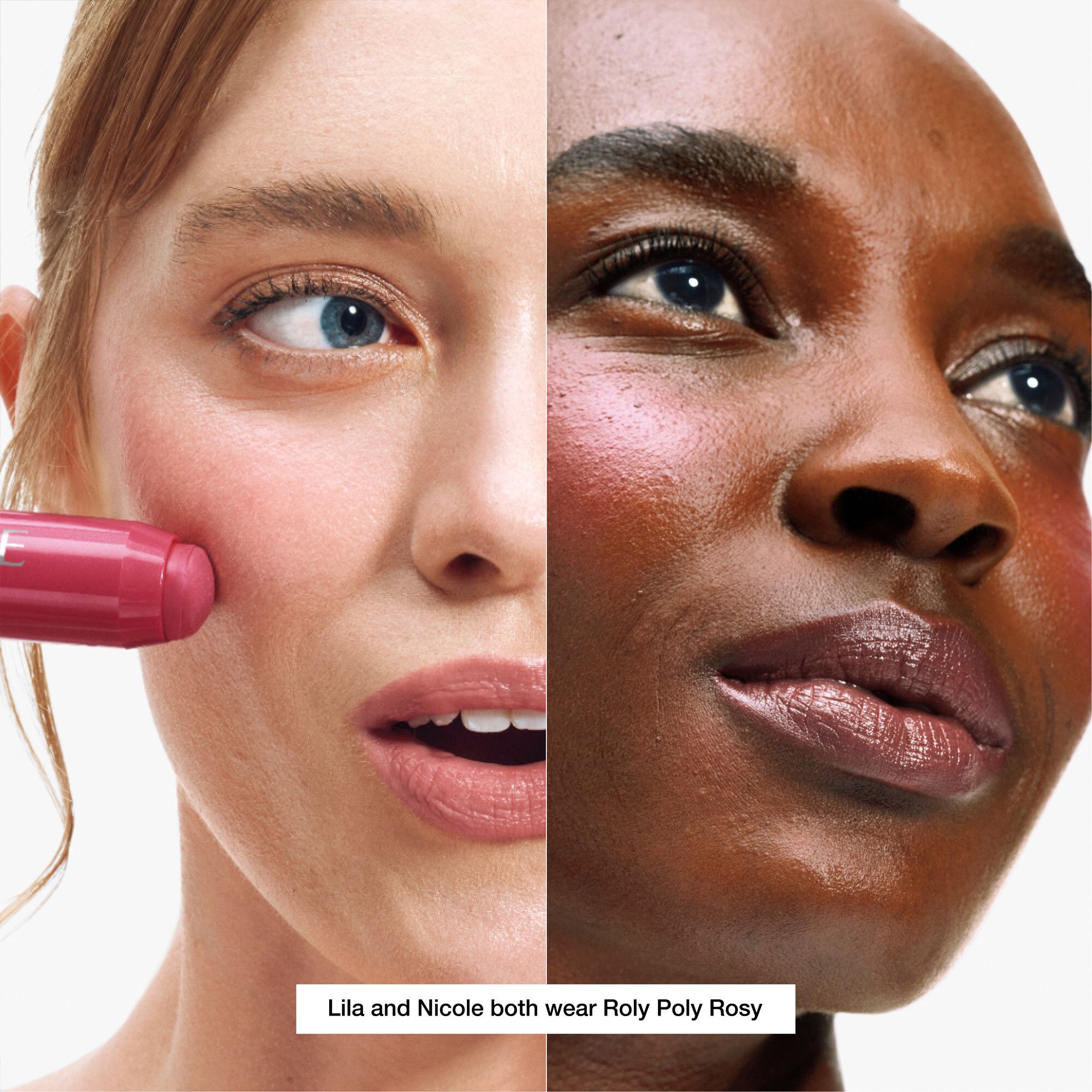 Zwei Gesichter mit Rouge. Eine Frau trägt Roly Poly Rosy.