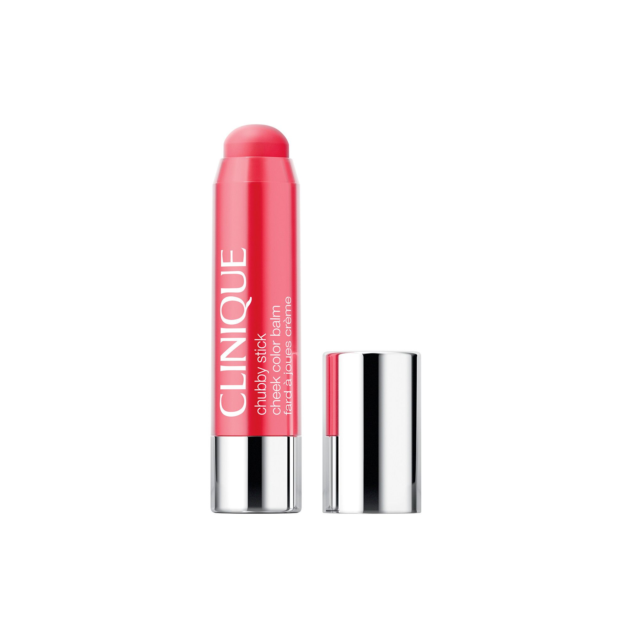 Clinique Chubby Stick, Rouge-Balsam. Rosa-farbener Stift mit silberner Kappe. Deckel daneben.