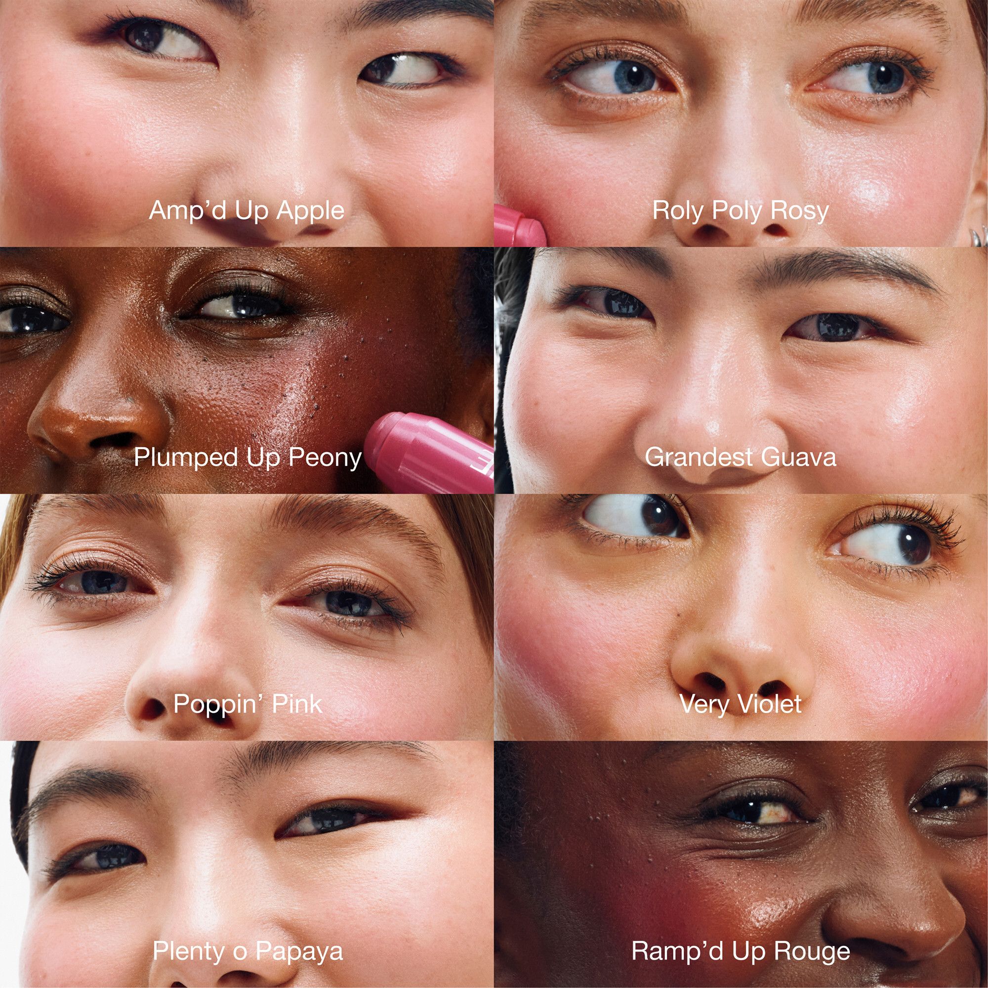 Augenpartien mit verschiedenen Farbtönen von Clinique Chubby Stick™ Baume couleur joues. Namen darunter.