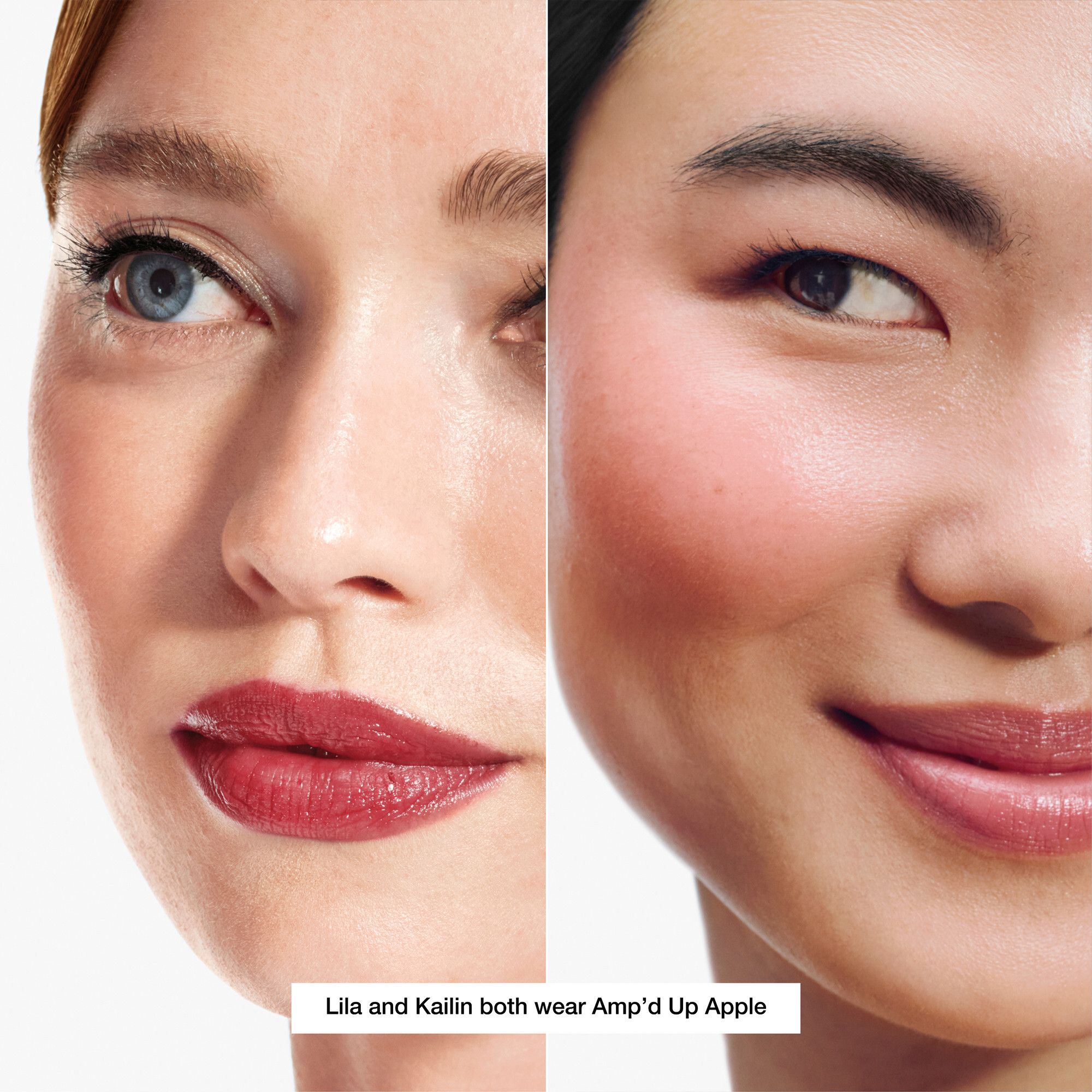 Zwei Gesichter, Lila und Kailin, tragen Amp'd Up Apple. Lippenstift aufgetragen.