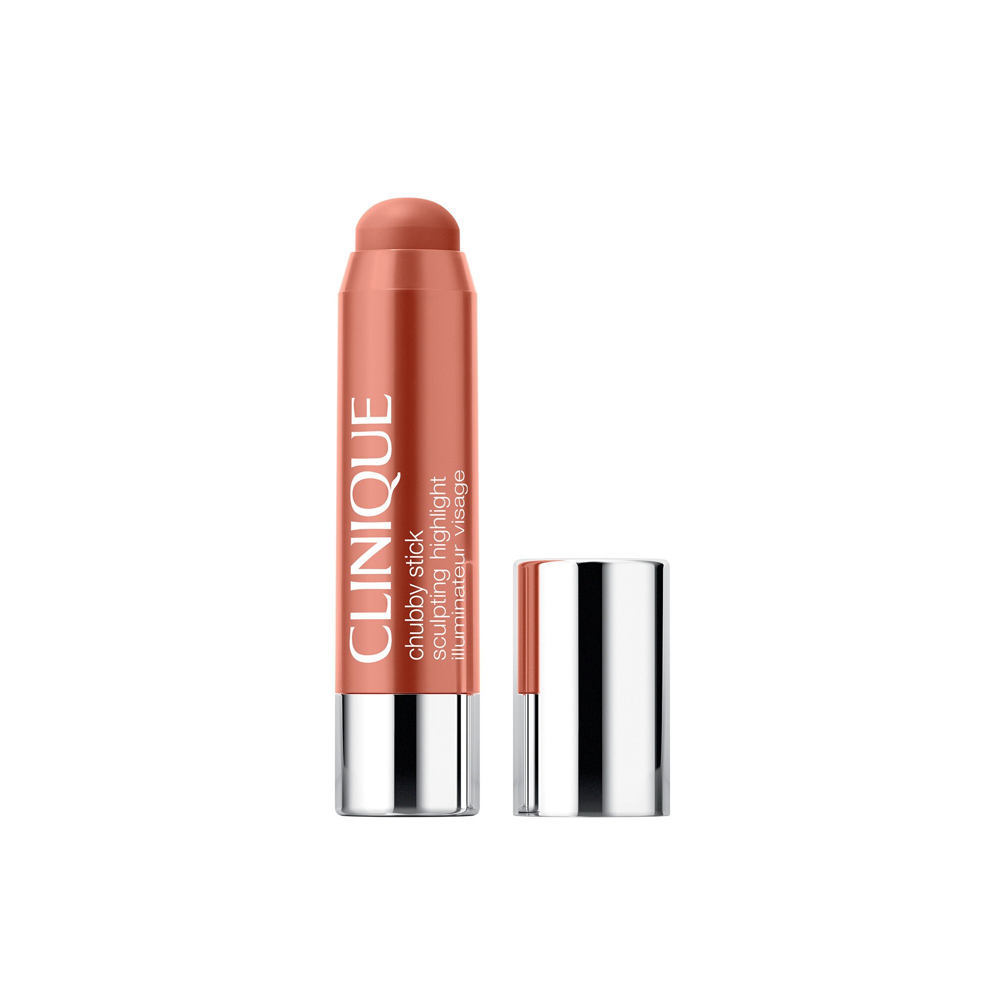 Clinique Chubby Stick Highlighter. Orange-farbener Stift mit silberner Kappe. Produktname und Marke sind sichtbar.