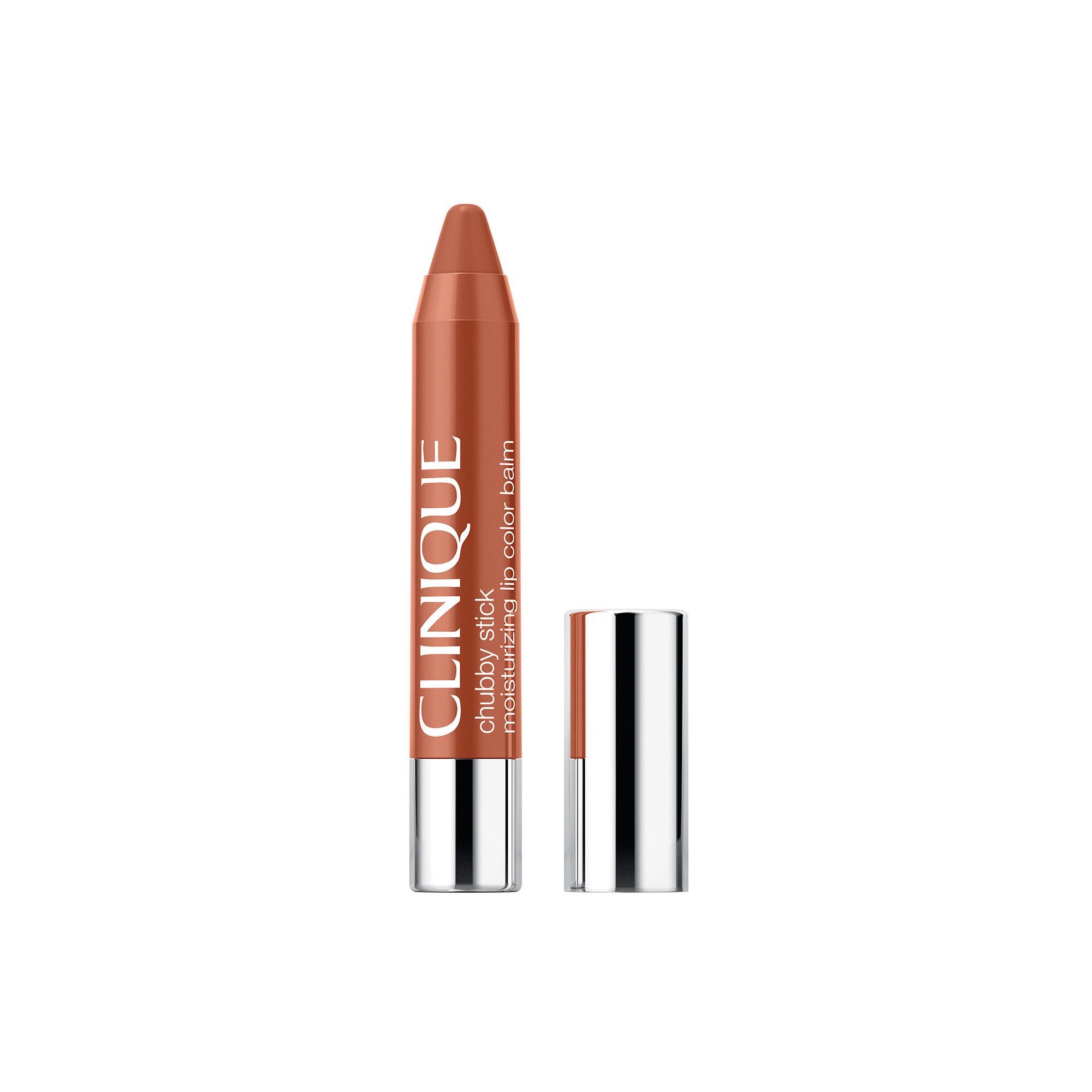 Clinique Chubby Stick Lippenbalsam, Farbe Lots O´Latte. Stift mit silberner Kappe. Offen.