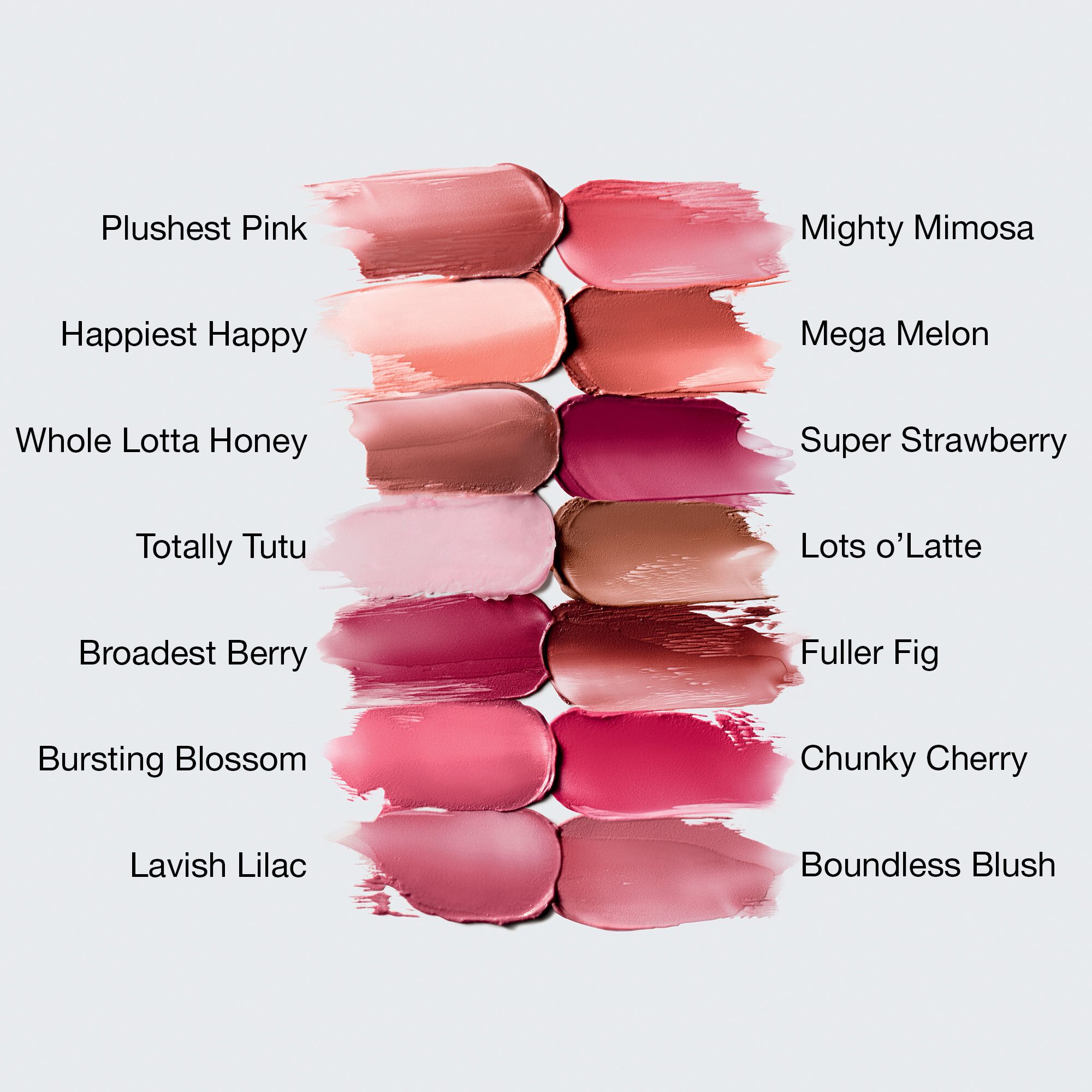 12 Lippenstift-Swatches. Farbstreifen in verschiedenen Farbtönen auf weißem Hintergrund.