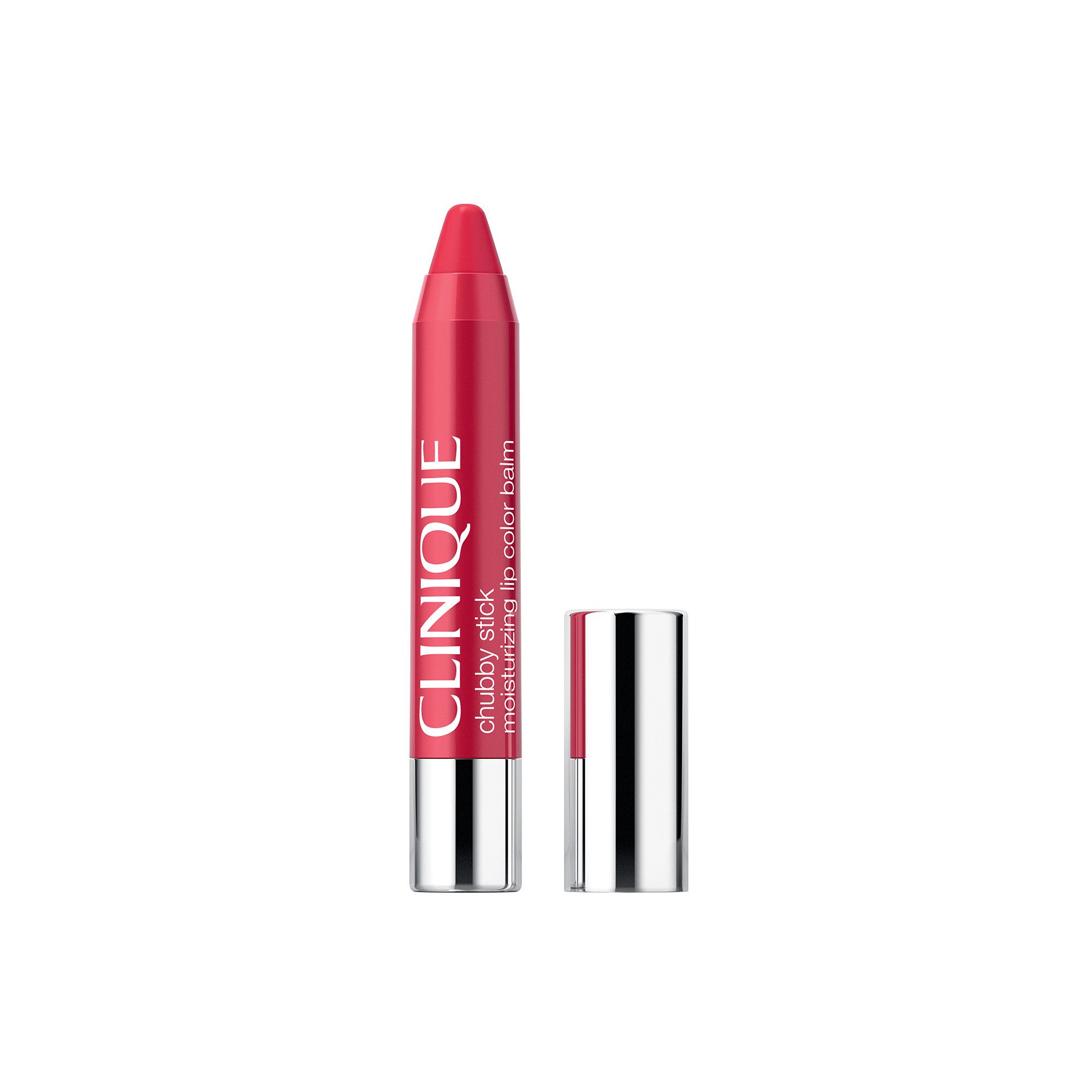 Clinique Chubby Stick. Roter Lippenbalsam mit silberner Kappe. Deckel daneben.