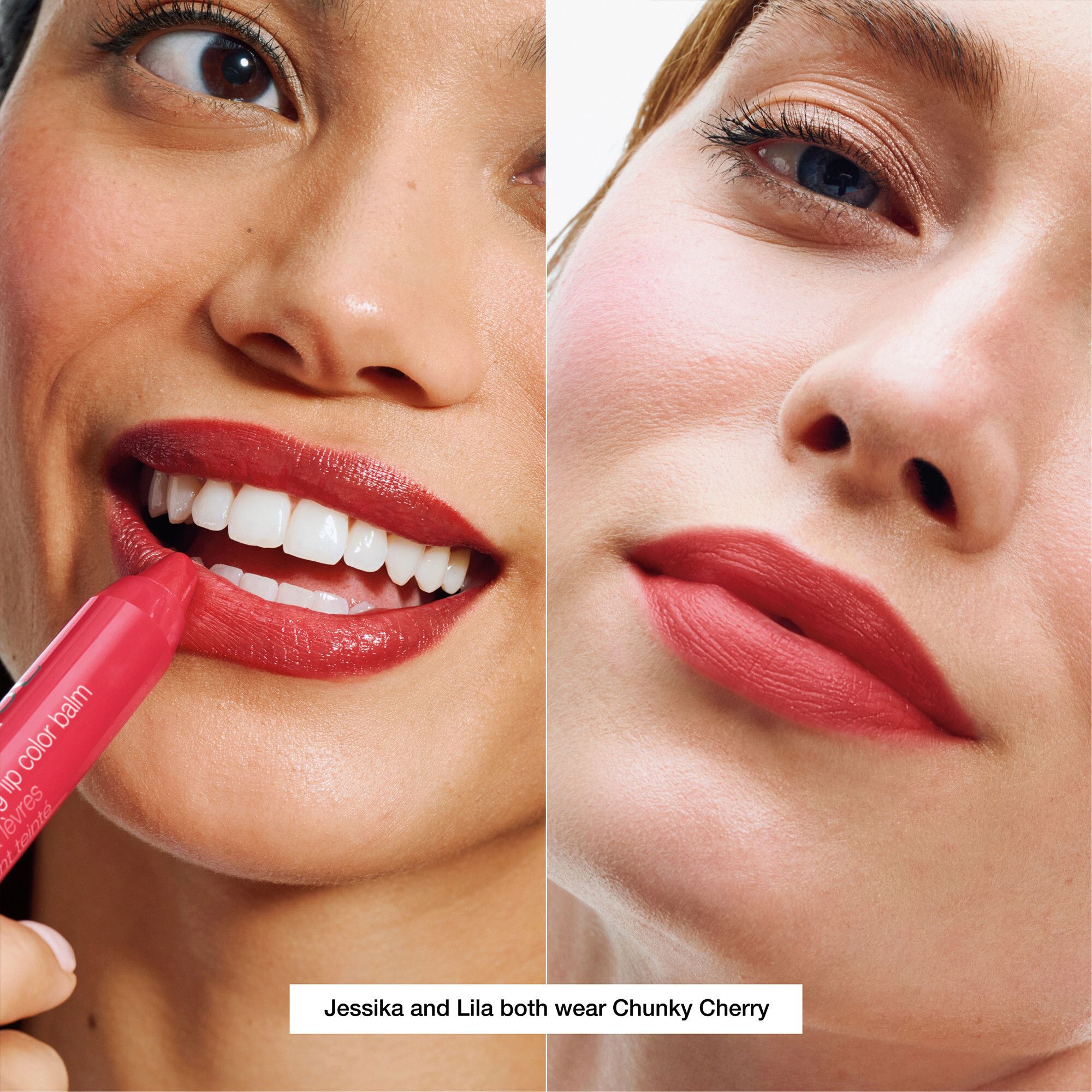 Zwei Frauen mit Chunky Cherry Lippenfarbe. Lippenstift wird aufgetragen.