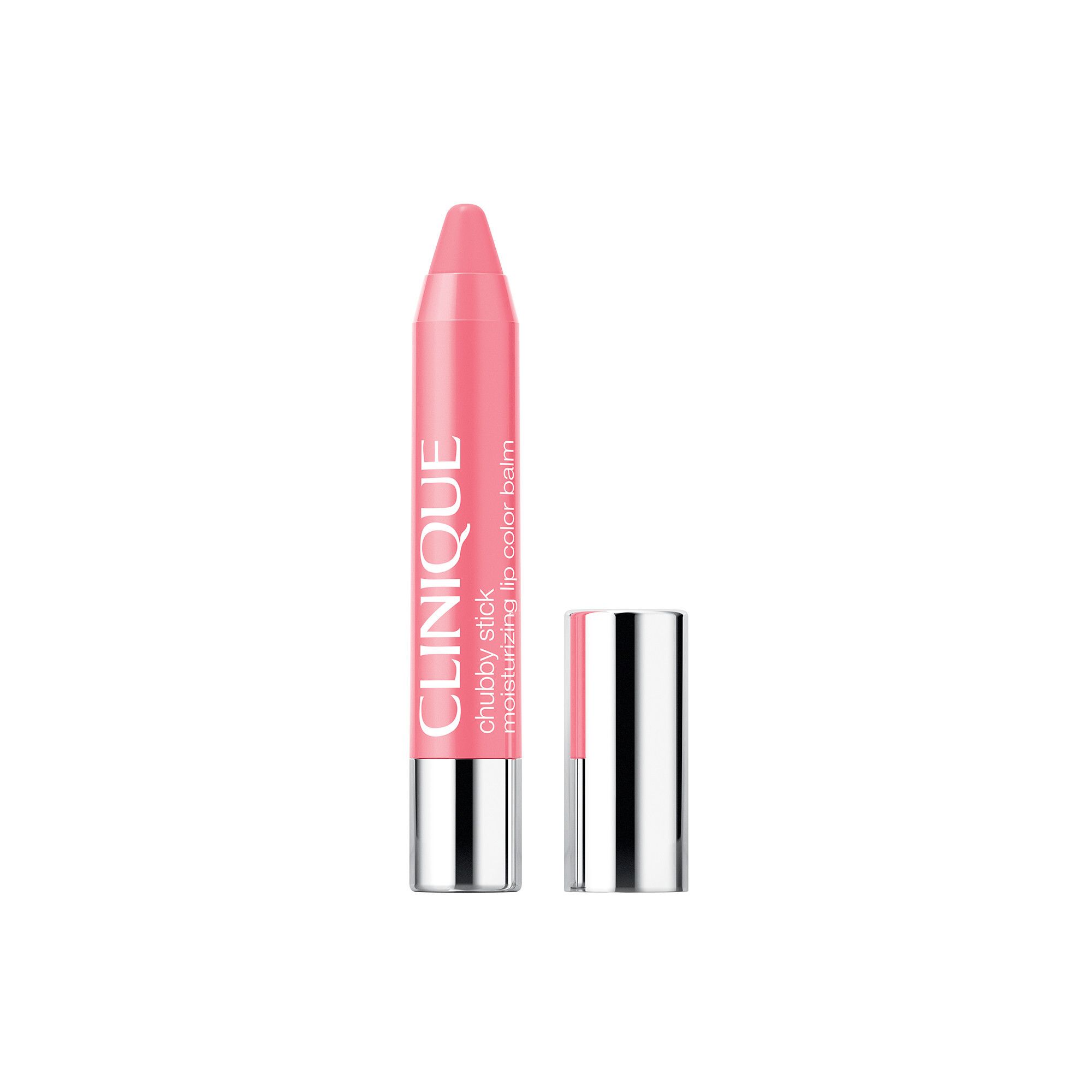 Clinique Chubby Stick, rosa Lippenbalsam. Mit Deckel. Silberfarbener Boden. Text: CLINIQUE, moisturizing lip color balm.