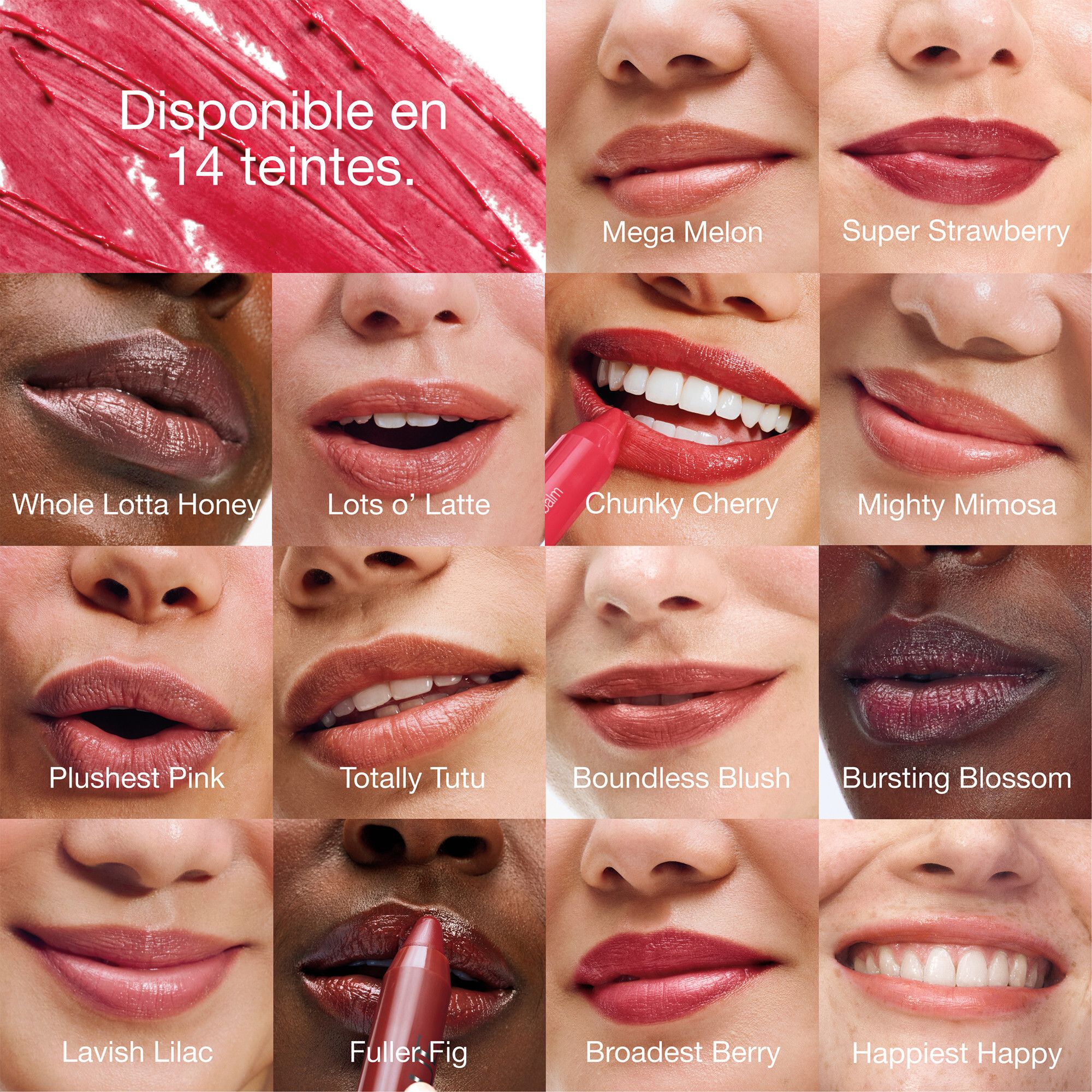 14 Lippenfarben auf Lippen gezeigt. Mega Melon, Super Strawberry, Whole Lotta Honey, etc.