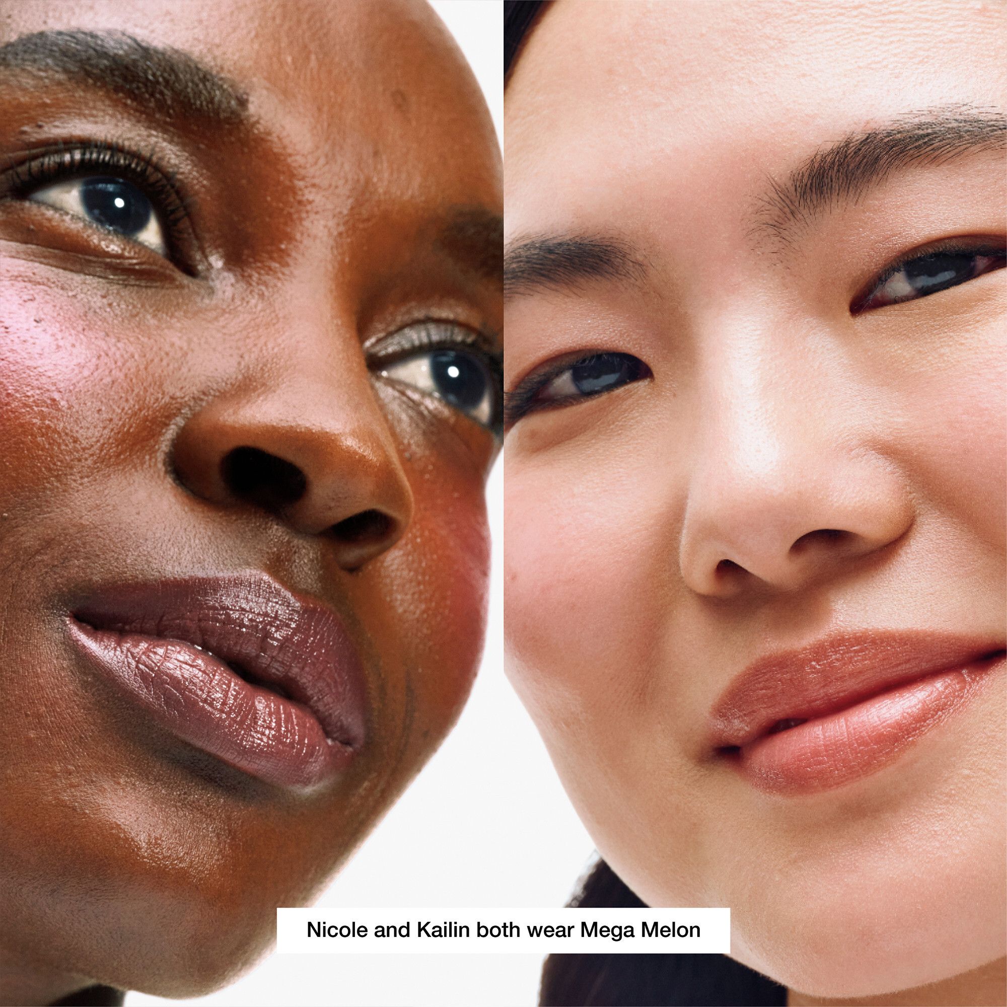 Zwei Frauen mit Mega Melon Lippenfarbe. Aufschrift: Nicole und Kailin tragen Mega Melon.