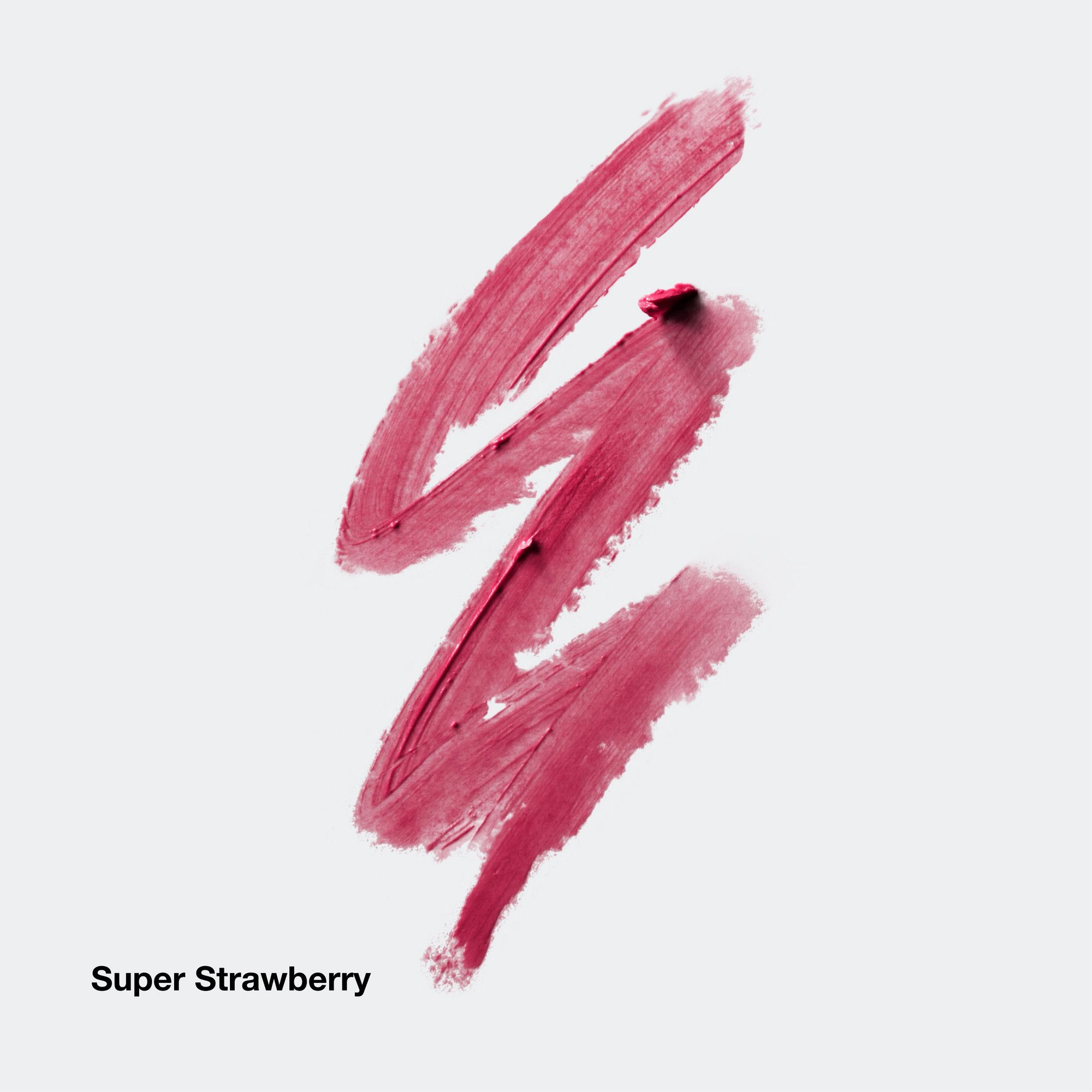 Super Strawberry Lippenstift-Abstrich. Roter Strich in Zickzackform. Produktname sichtbar.