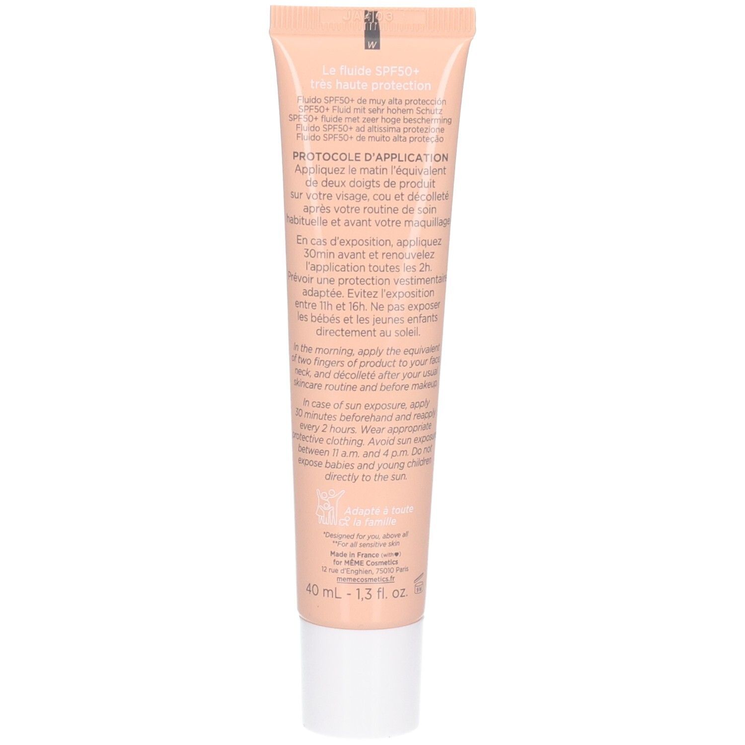 Rückseite der Creme-Tube. Text: Anwendungshinweise, Inhaltsstoffe. Beige Tube mit weißem Verschluss.