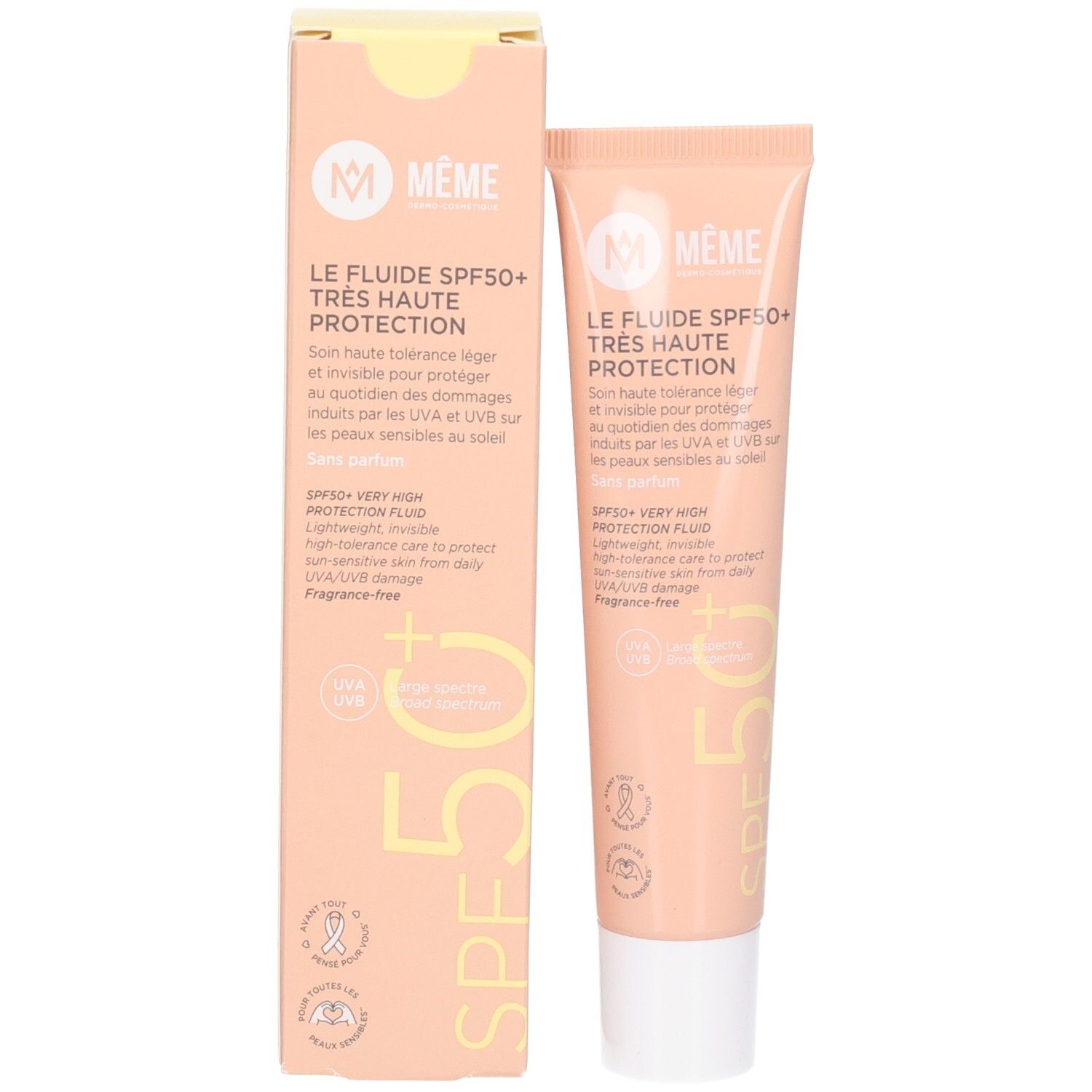 Produktverpackung und Tube. Verpackung: Beige Karton mit Produktnamen. Tube: Beige mit weißem Verschluss.