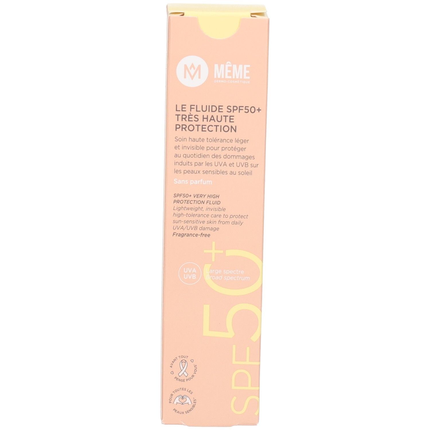 Produktverpackung. Beige Karton mit Produktnamen und Text. Logo "Meme" und SPF50+.