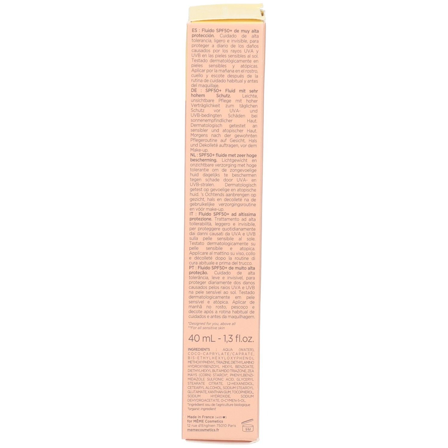 Seite der Produktverpackung. Text in mehreren Sprachen. Beige Karton.