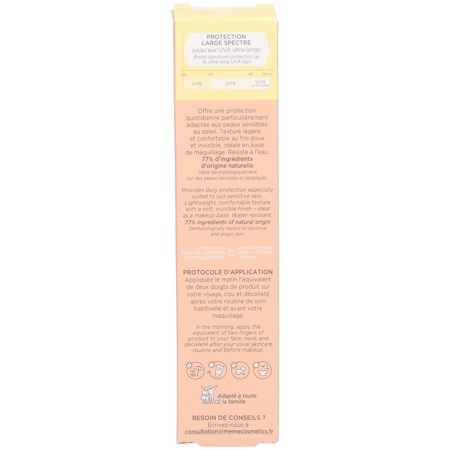 Seite der Produktverpackung. Text: Anwendungshinweise, Inhaltsstoffe. Beige Karton.