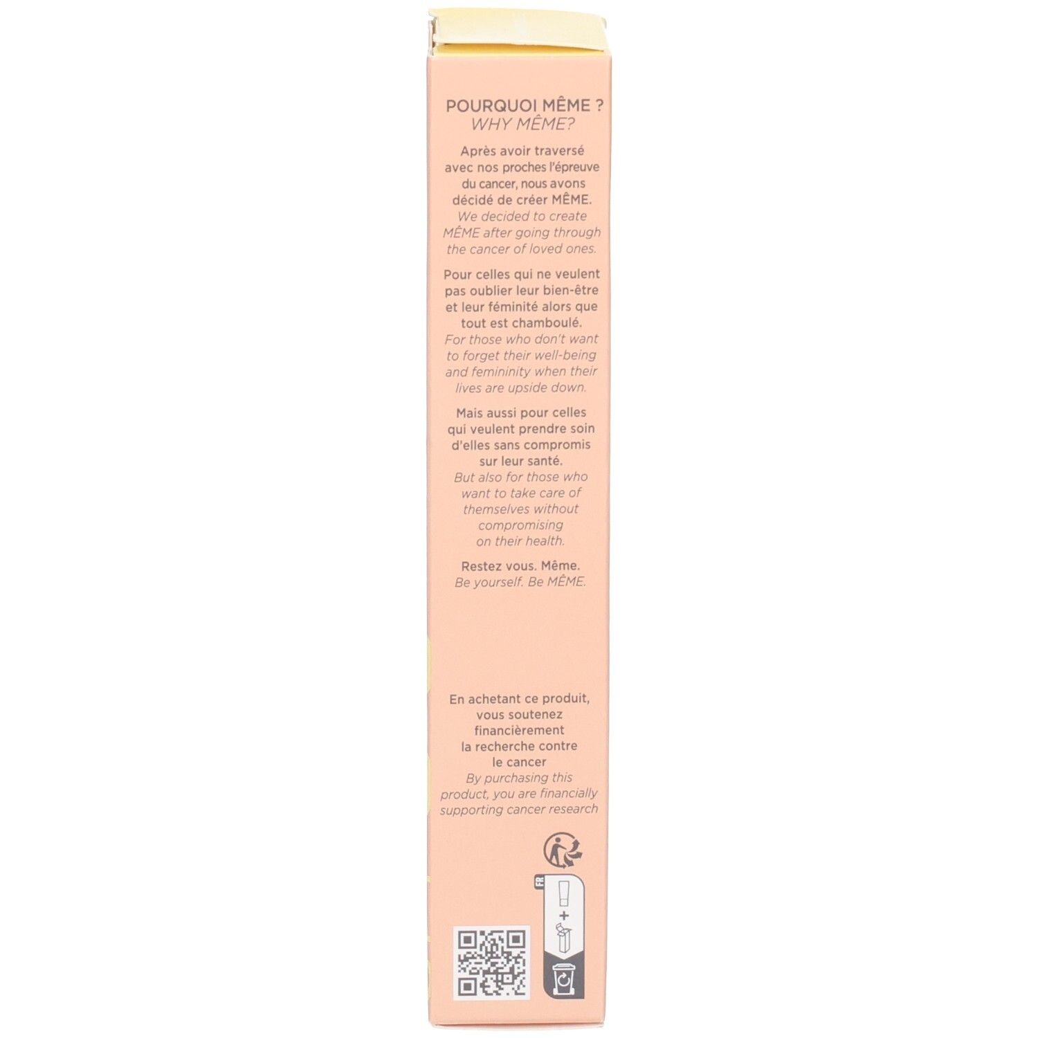 Seite der Produktverpackung. Text: Informationen über Meme. Beige Karton.