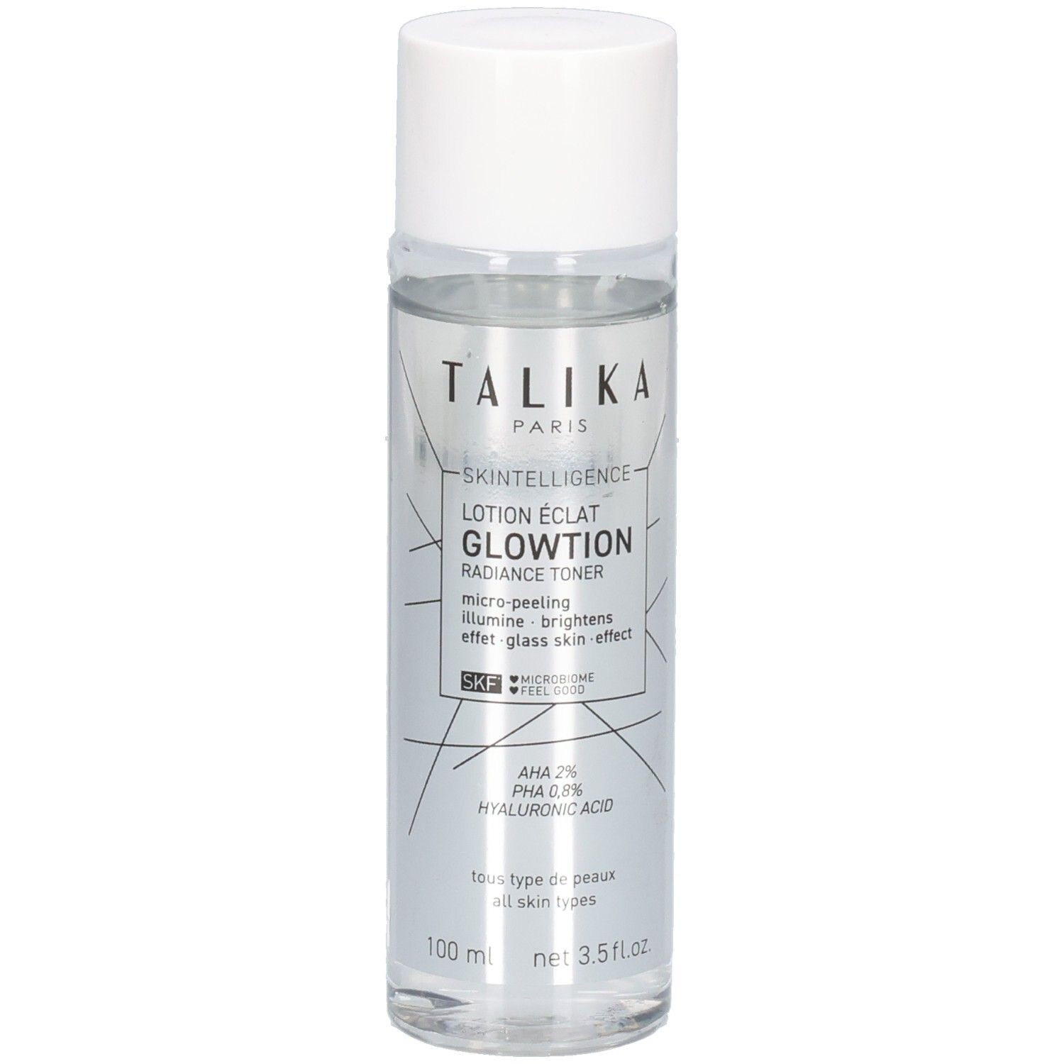 Transparente Flasche mit weißem Deckel. Aufschrift: TALIKA PARIS, GLOWTION, AHA 2%, Hyaluronsäure. Volumen: 100 ml.