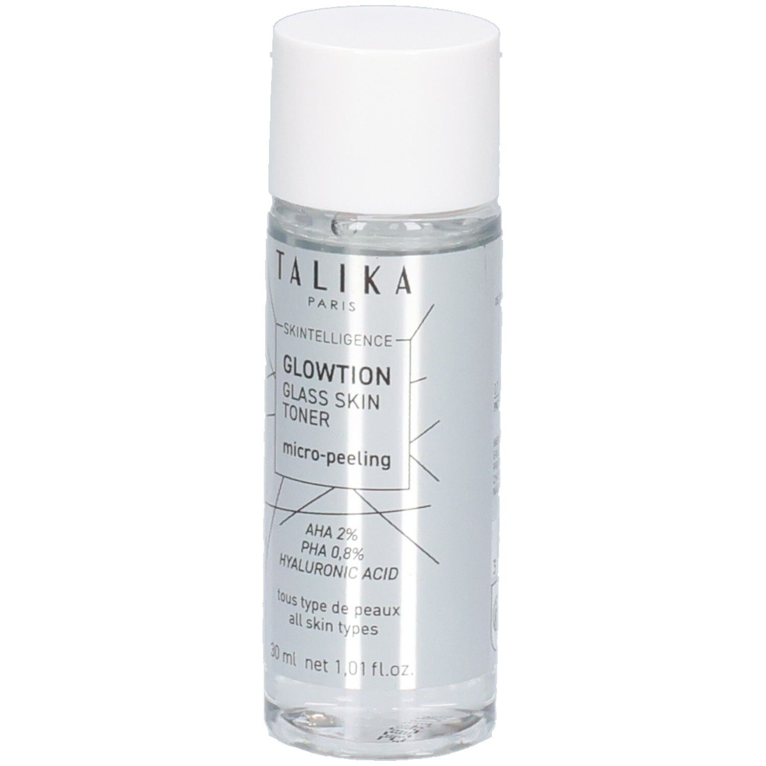 Klarflüssiger Toner in einer zylindrischen Flasche mit weißem Deckel. Aufschrift: Talika, Glowtion, Glass Skin Toner.