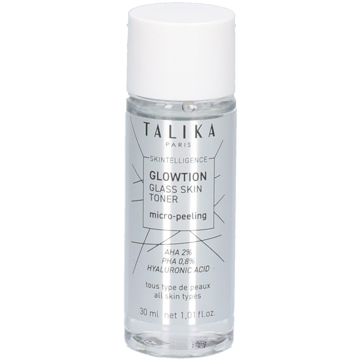 Klarflüssiger Toner in einer zylindrischen Flasche mit weißem Deckel. Aufschrift: Talika, Glowtion, Glass Skin Toner.