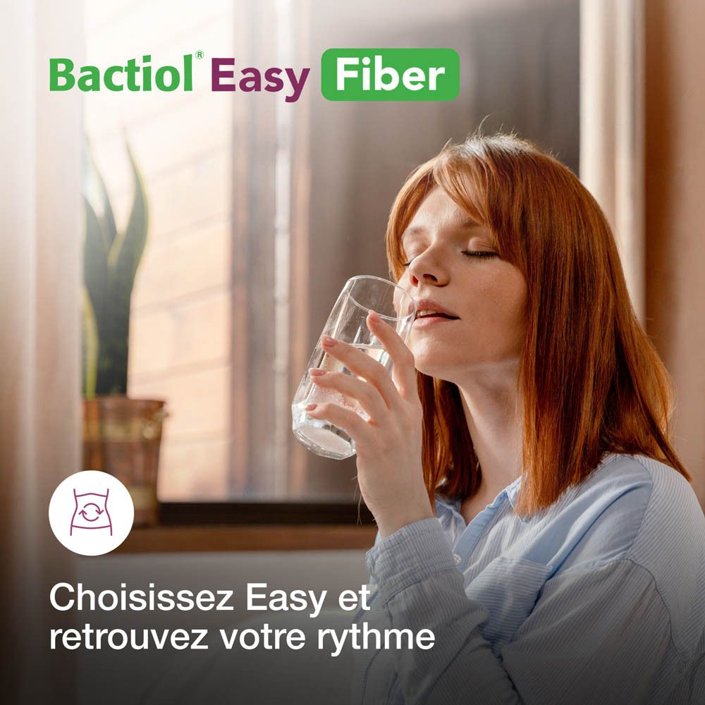 Informations nutritionnelles par sachet Bactiol Easy Fiber. Contient vitamine B2, GGH1 et L. plantarum.