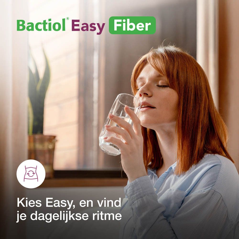Voedingswaarde-informatie per zakje Bactiol Easy Fiber. Bevat vitamine B2, GGH1 en L. plantarum.