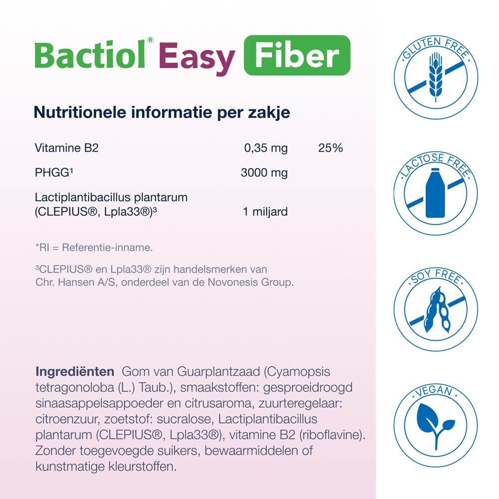 Bactiol Easy Fiber verpakking en glas water. Een zakje wordt opgelost in 150 ml water.