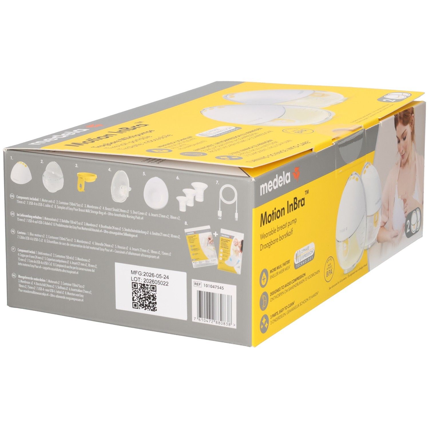 Medela Motion InBra Wearable Breast Pump Karton, mit Abbildungen von Zubehör.