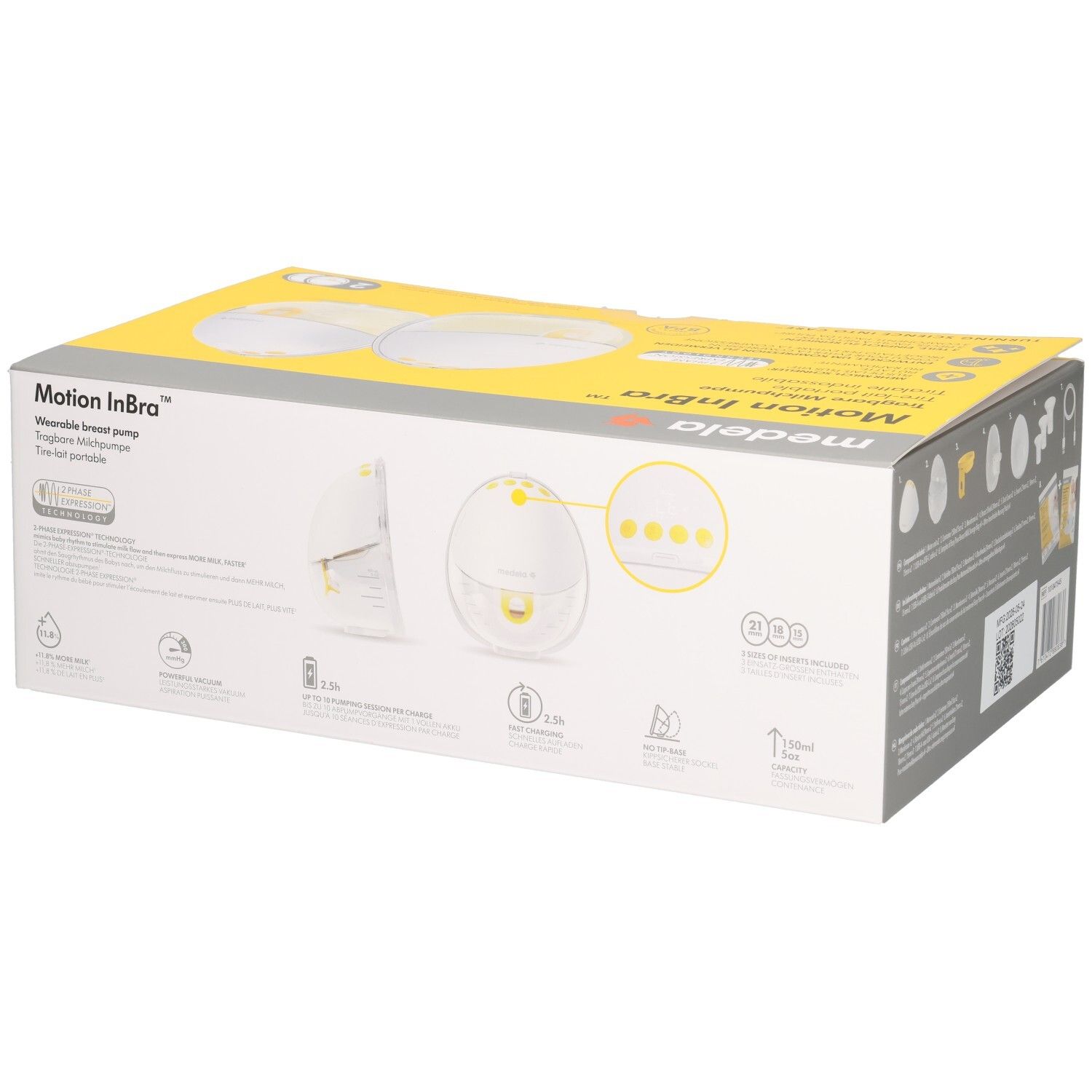 Medela Motion InBra Wearable Breast Pump Verpackung mit Abbildungen und Produktmerkmalen.