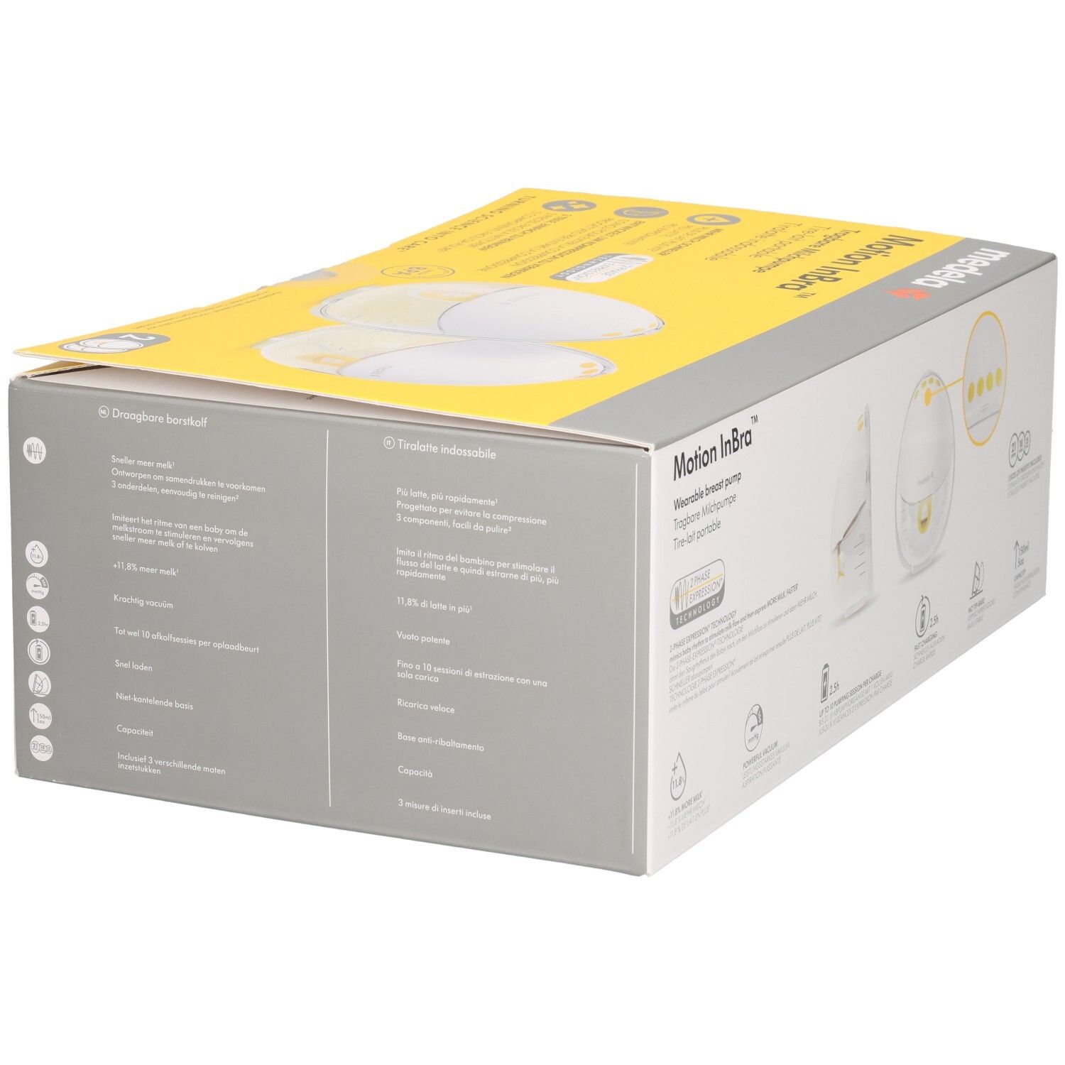 Medela Motion InBra Wearable Breast Pump Karton, mit Abbildungen von Zubehör.