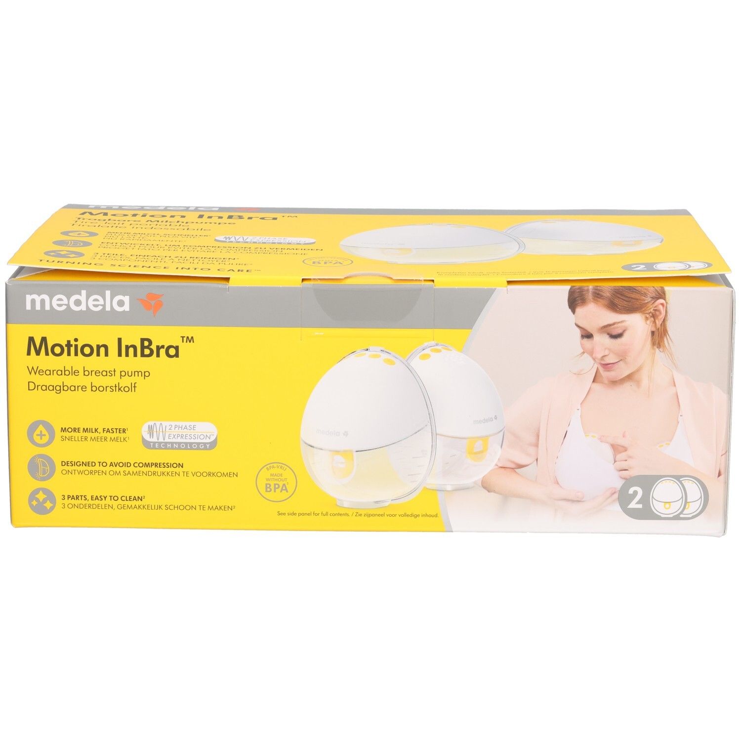 Medela Motion InBra Wearable Breast Pump Verpackung mit Frau und Produktmerkmalen.