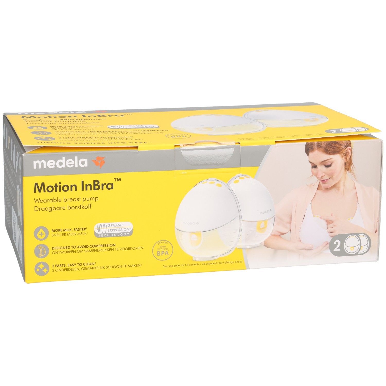 Medela Motion InBra Wearable Breast Pump Kartonverpackung mit Abbildungen.