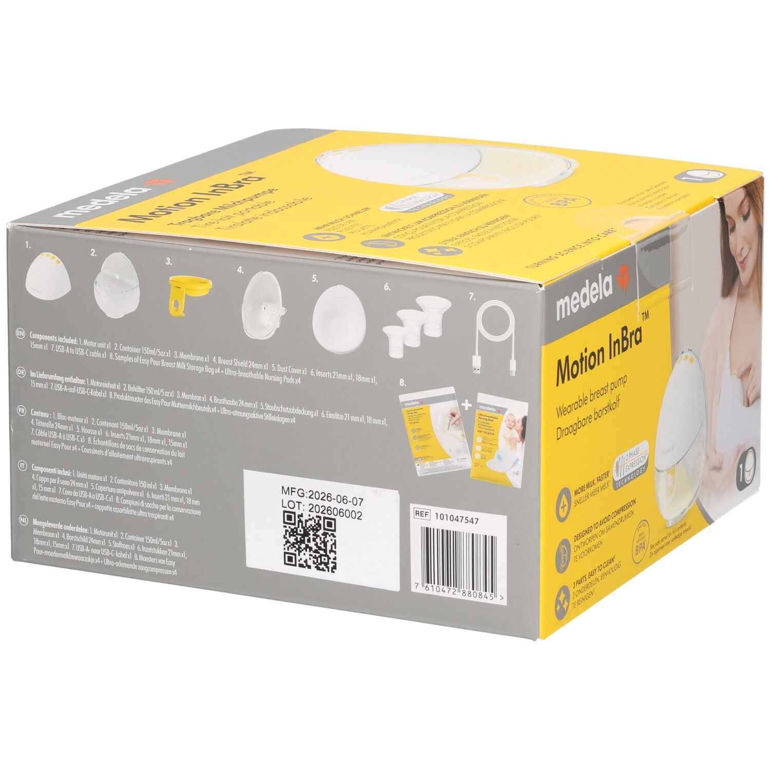 Medela Motion In.Wearable Brustpumpe. Karton mit Abbildungen von Pumpe, Zubehör und Funktionen.