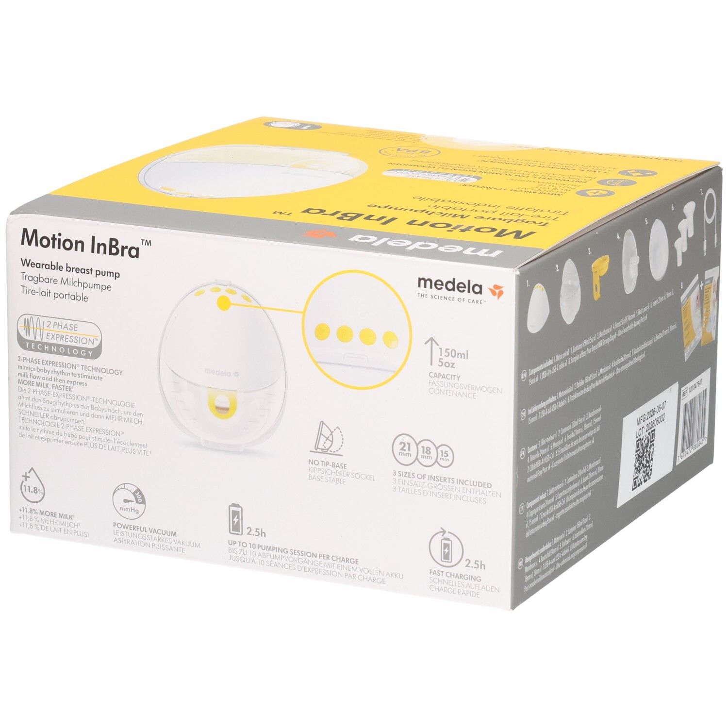 Medela Motion InBra Wearable Breast Pump Verpackung. Zeigt eine weiße Pumpe und Produktmerkmale.