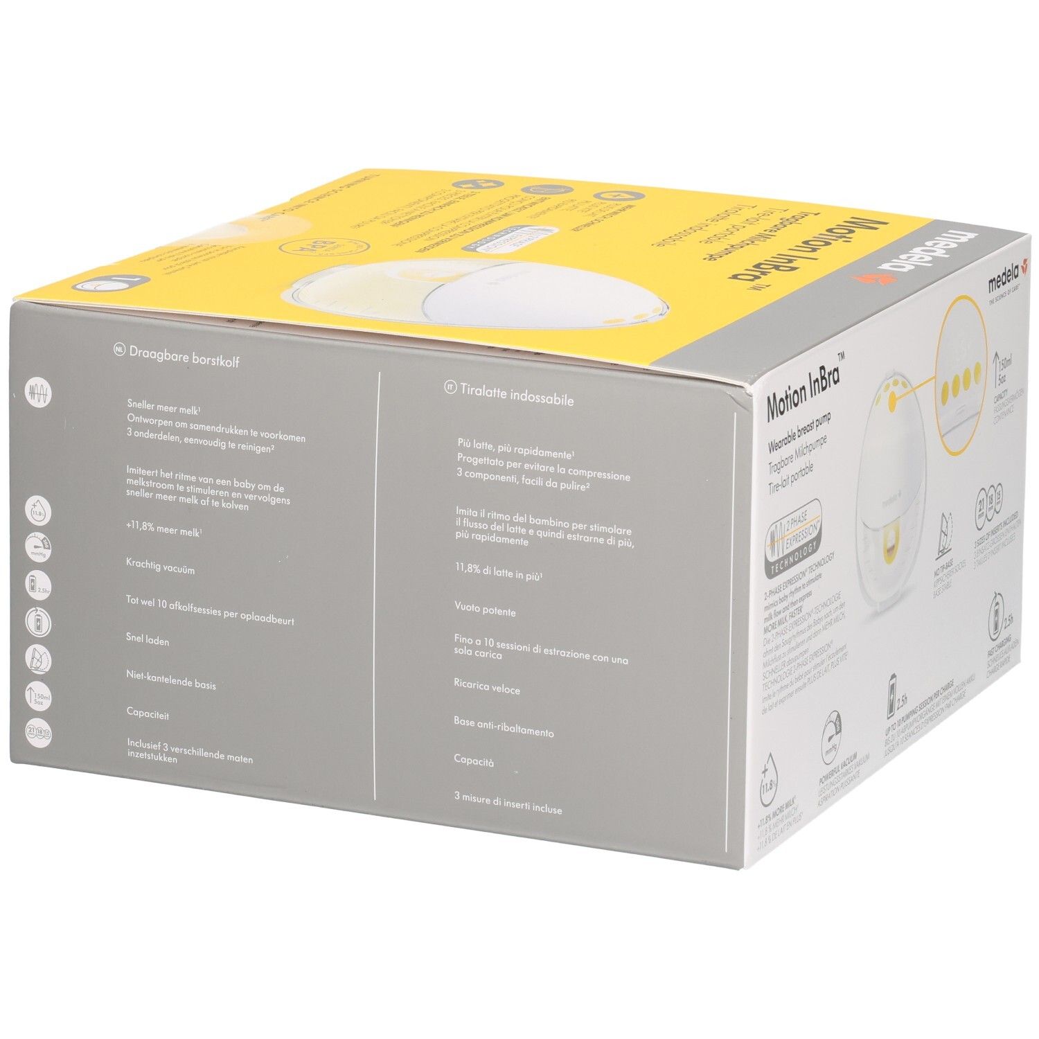 Verpackung einer Medela Motion InBra Milchpumpe mit mehrsprachigen Produktinformationen und Abbildungen.