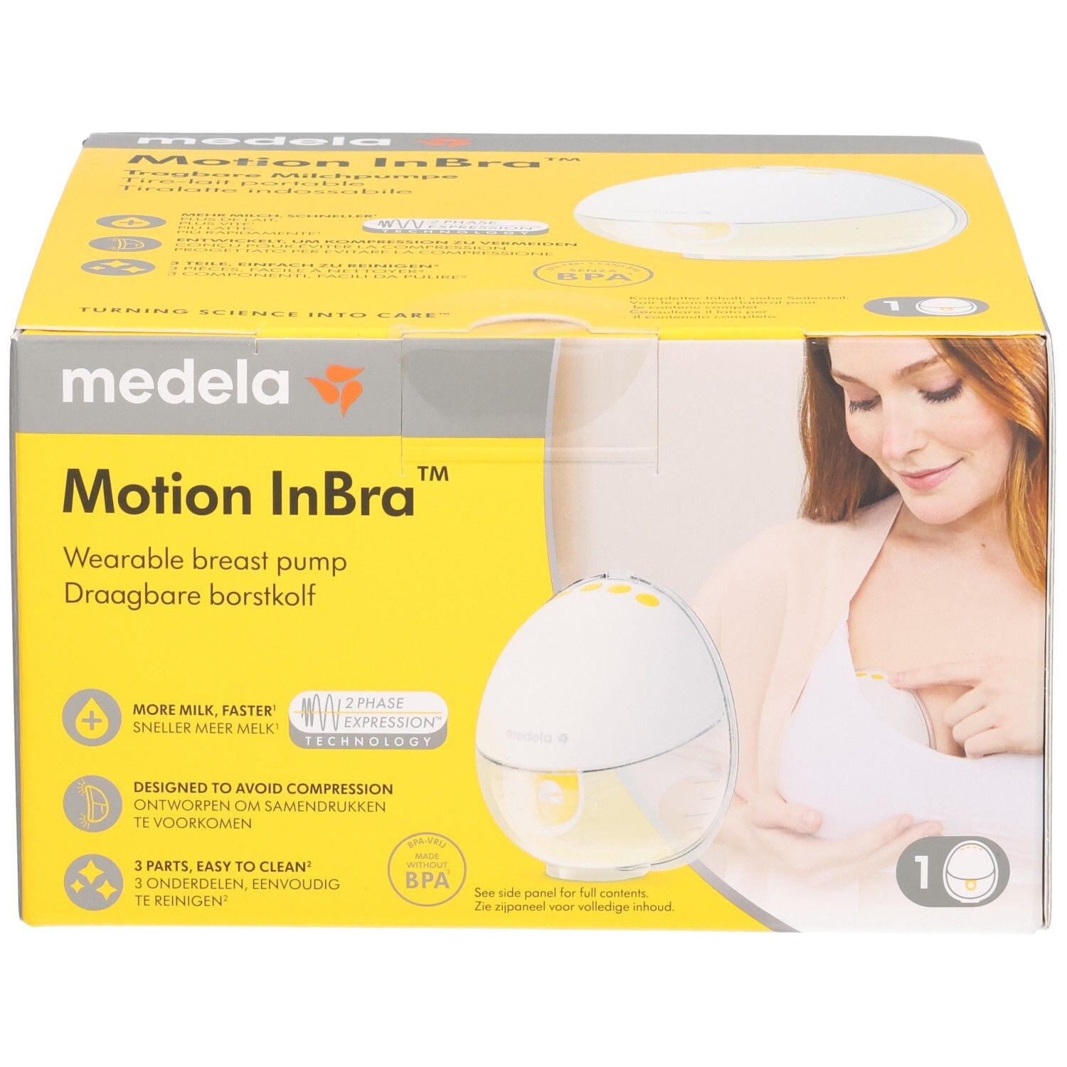 Medela Motion InBra tragbare Milchpumpe in gelber Verpackung mit Abbildung einer Frau und des Produkts.