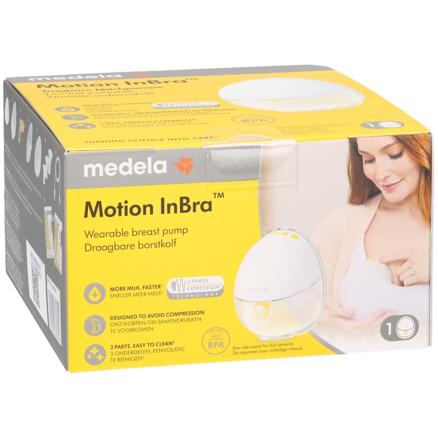 Medela Motion InBra tragbare Milchpumpe in Einzelverpackung mit Abbildung des Produkts und einer Frau.