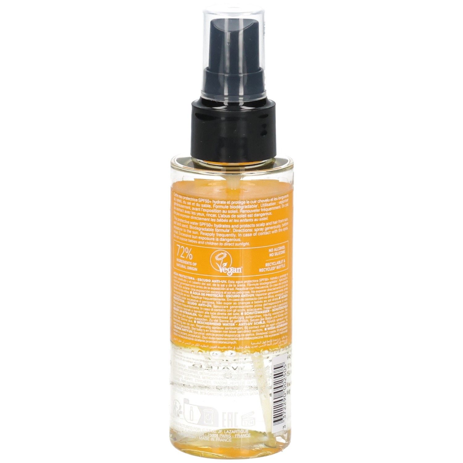 Lazartigue Solar Protect SPF50+ Schutzspray, Rückseite mit Inhaltsstoffen und Siegeln.