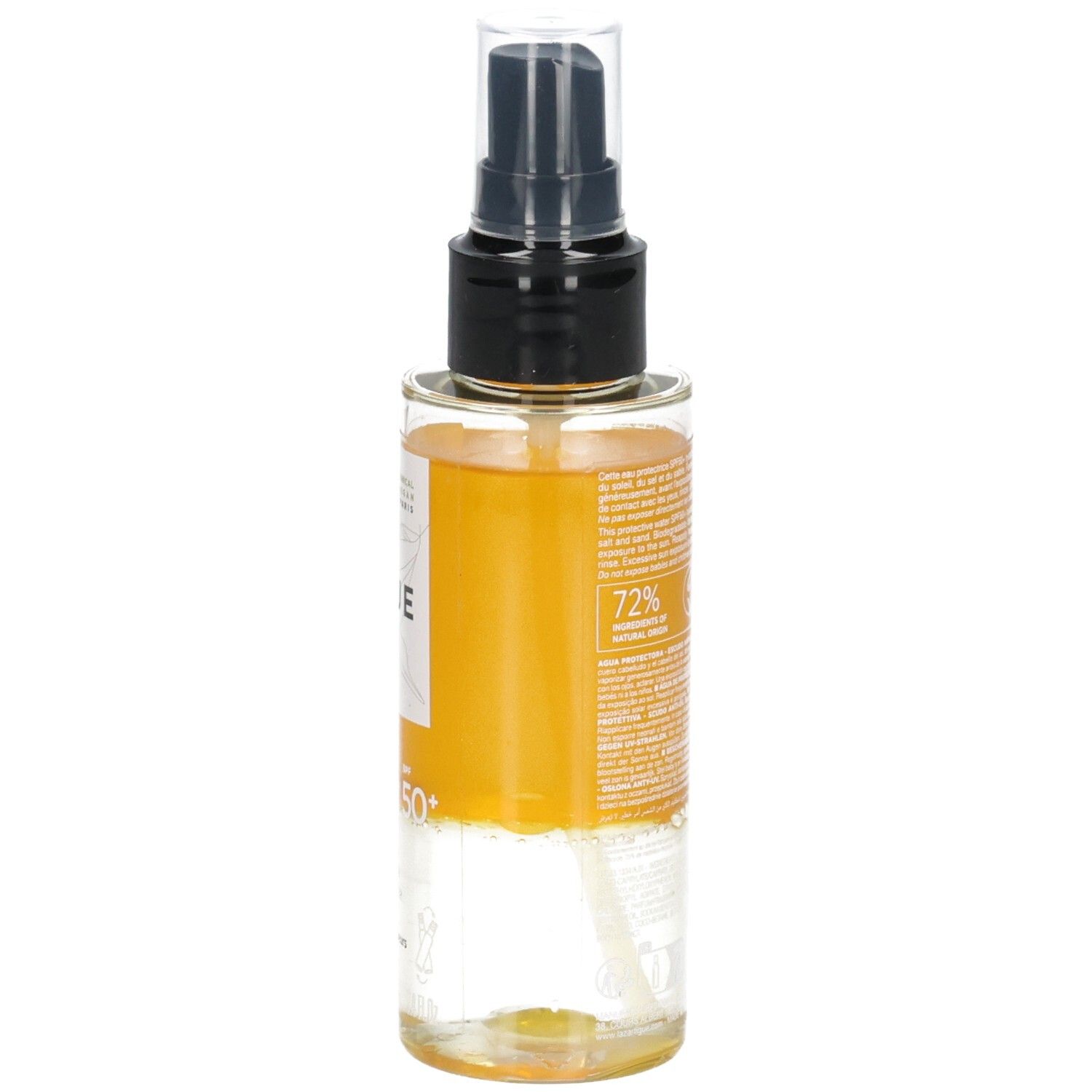 Lazartigue Solar Protect SPF50+ Schutzspray, Rückseite mit Inhaltsstoffen und Siegeln.