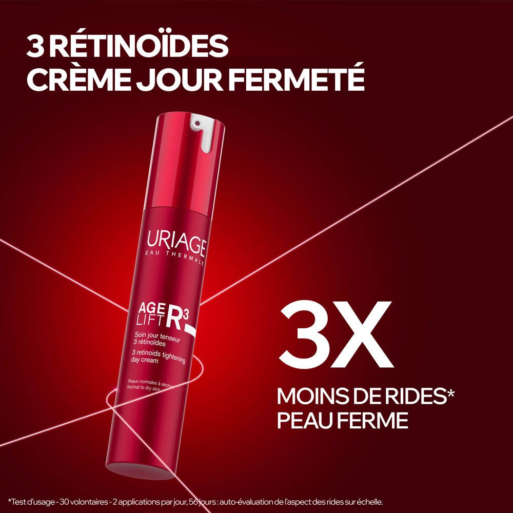 Flacon rouge avec pompe, Uriage Age Lift R3 Crème, vue de face.